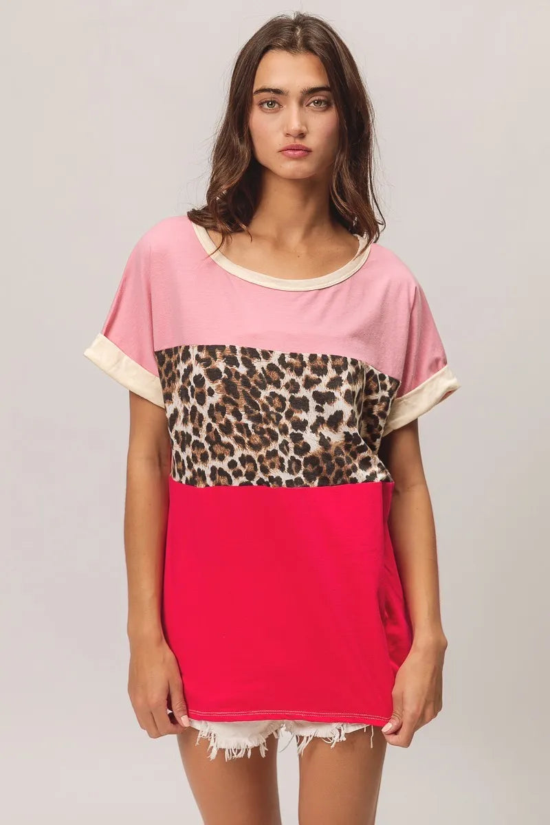 BiBi Leopard Print Jersey Color Block Roll Up - Stylish & Comfortable Women's T-Shirt for Casual Wear, Outfits & Daily Fashion