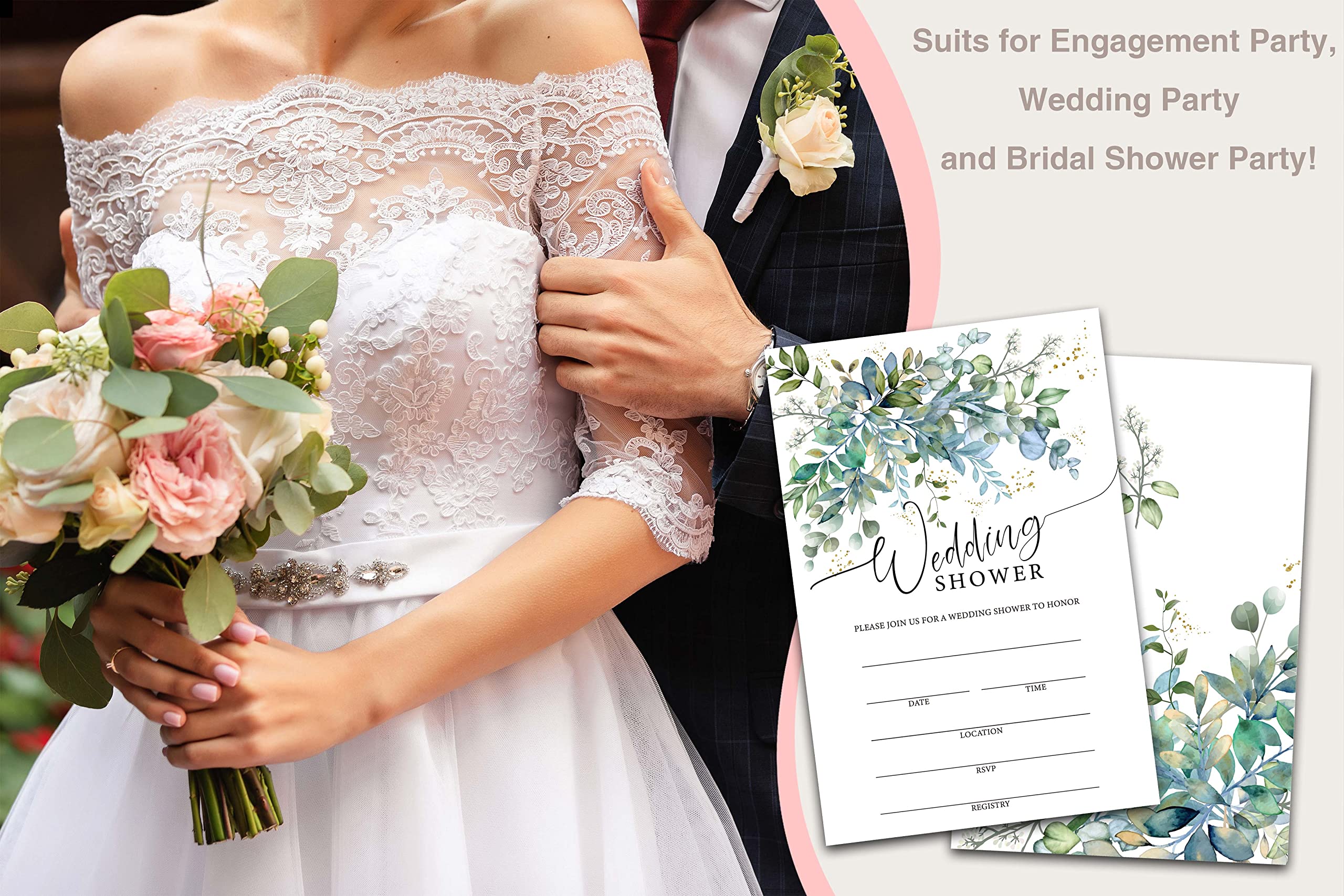 Elegant Greenery Wedding Shower Invitations Set - Floral Bridal Shower Invites for Engagement Party, Wedding & Bridal Events - Includes 25 Invitation Cards & 25 Envelopes (B02) - Perfect for Garden Weddings, Spring Celebrations & Rustic Themed Events