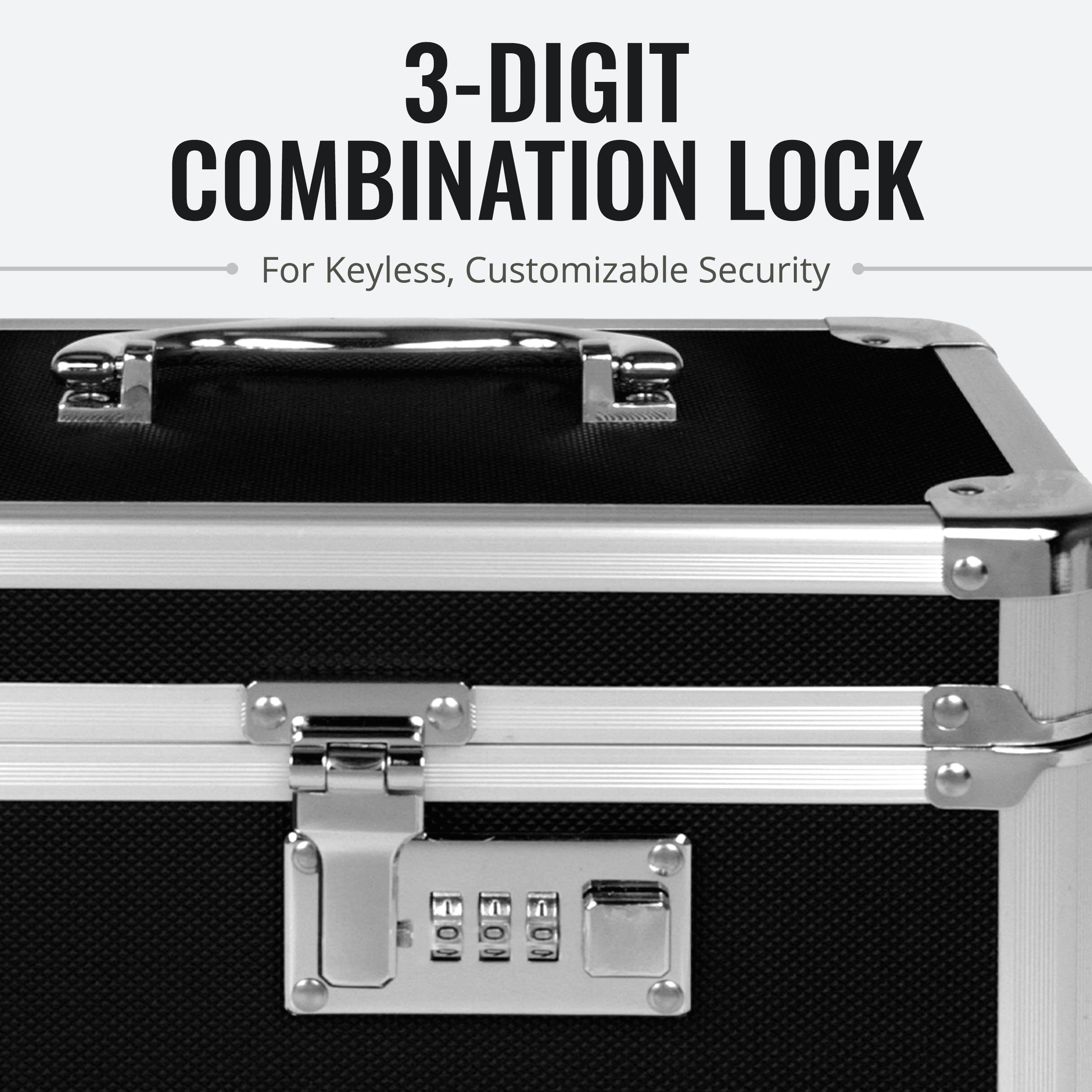 Vaultz Secure Combination Lock Box - 9.88 x 7.75 x 7 Inch Fireproof Safe for Documents, Money, Jewelry & Valuables - Black Chrome Storage Box for Home, Office & Travel Security