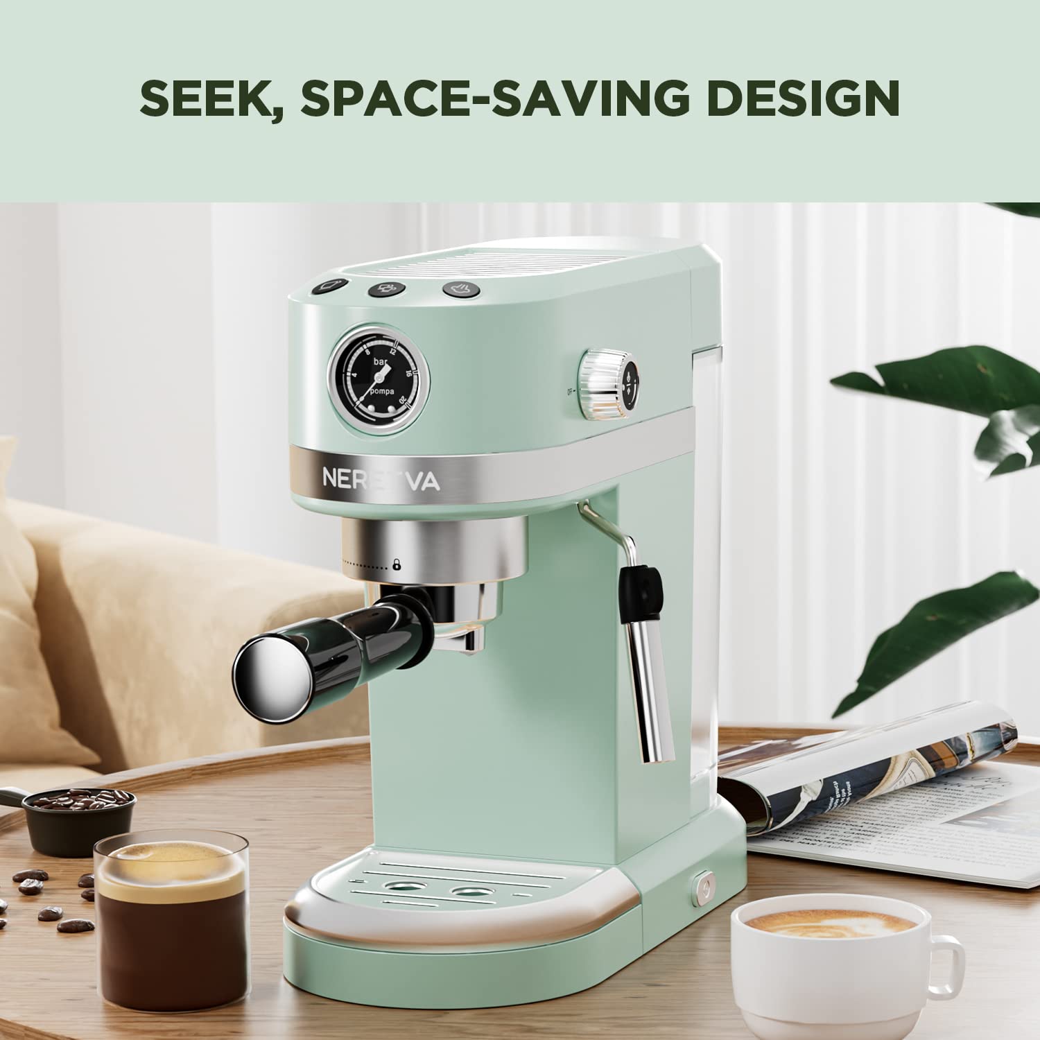 Neretva 20 Bar Espresso Coffee Machine with Steam Wand - Compact Home Espresso Maker for Latte, Cappuccino & Americano, 1350W Italian High Pressure Coffee Machine (Mint Green) - Perfect for Home Baristas & Coffee Lovers
