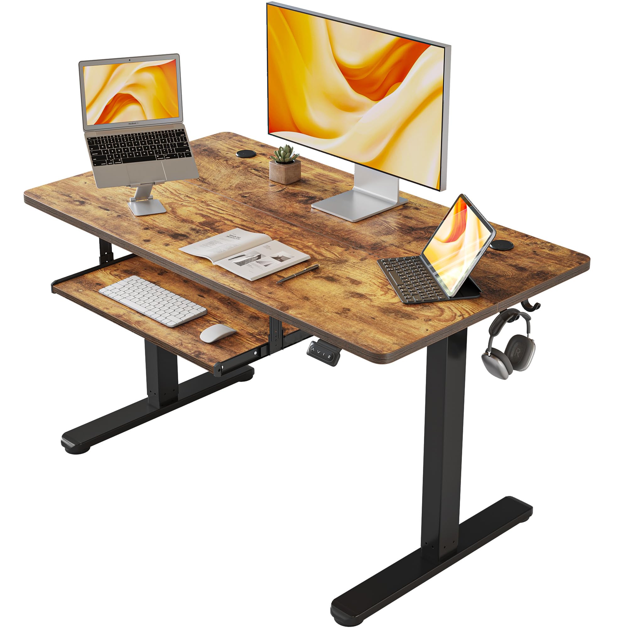 FEZIBO Electric Height Adjustable Standing Desk with Keyboard Tray - 40 x 24 Inches Sit Stand Computer Desk for Home Office (Rustic Brown) | Ergonomic Workstation for Remote Work & Gaming Setup
