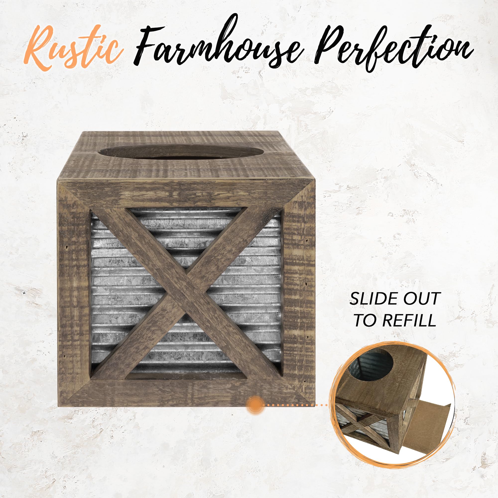 Rustic Square Farmhouse Tissue Box Cover - Wooden Bathroom Tissue Holder with Galvanized Decor for Farmhouse Style Homes | Perfect for Bathroom, Living Room, and Bedroom Décor