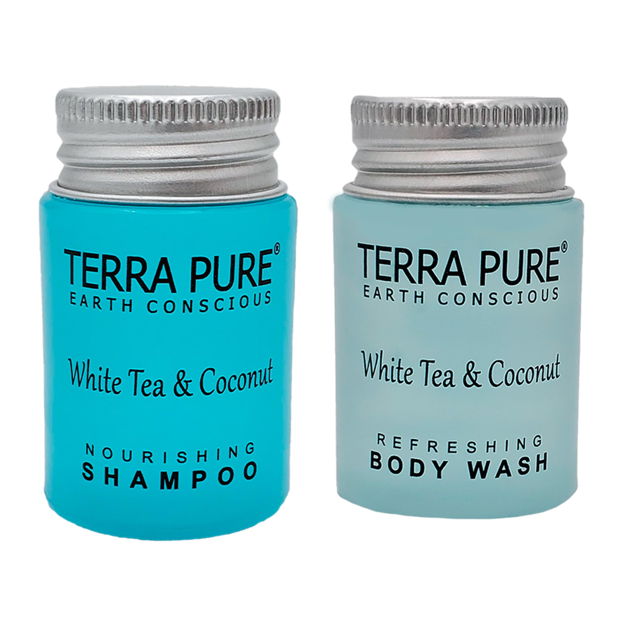 Terra Pure White Tea & Coconut Shampoo & Body Wash - 1 oz Travel Size (Pack of 100) | Hotel Amenities for Guests | Perfect for Travel, Gym & Hospitality Use