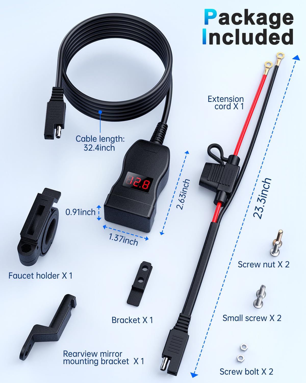 EXTRACTME Motorcycle USB Charger - Dual Port Quick Charge 3.0 with Voltmeter & ON/OFF Switch - Waterproof Phone Charger for Motorcycles - Compatible with iPhone, Android, Tablet & GPS Devices - Perfect for Road Trips, Commuting & Adventure Riding (Red)