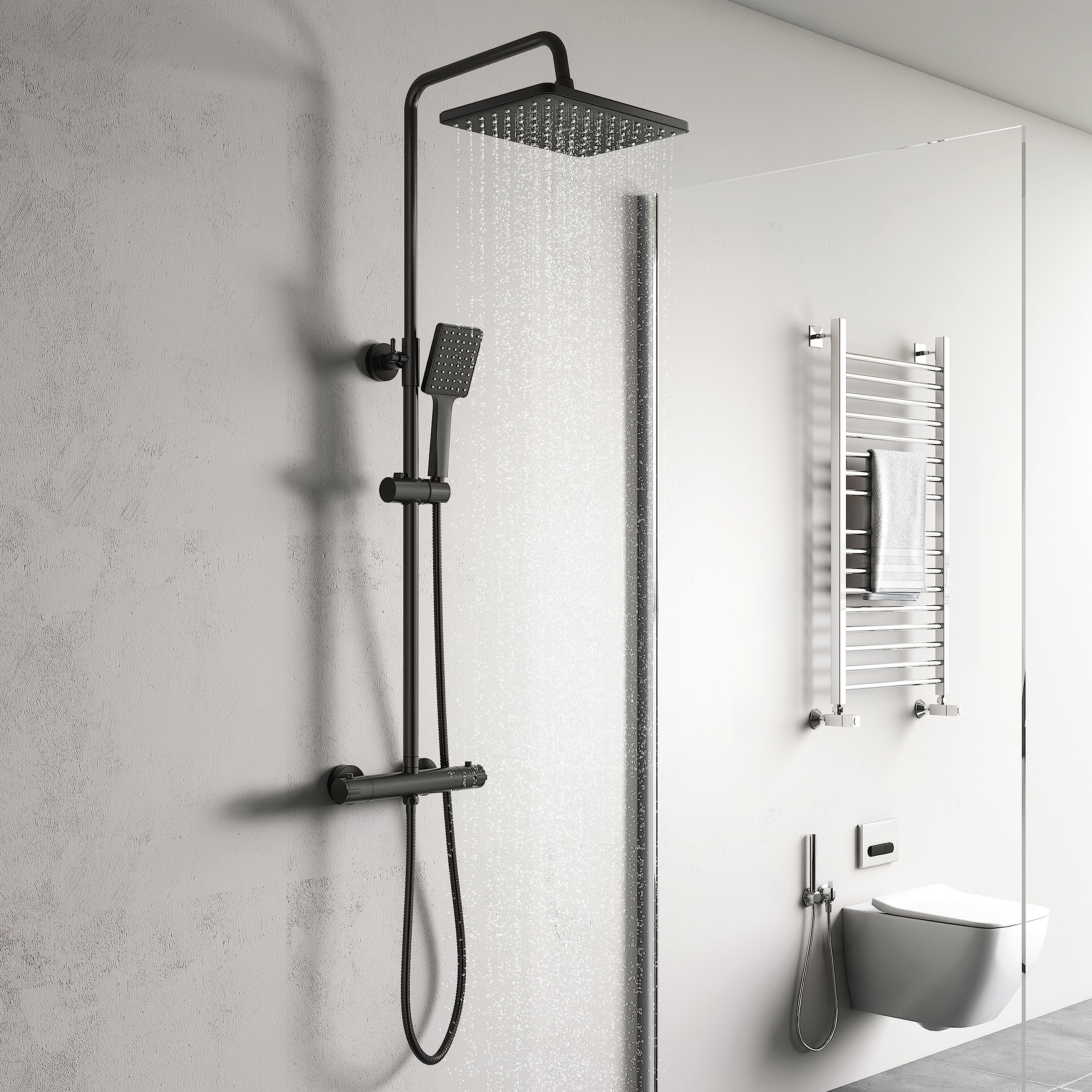 YOOZENA Adjustable Height Shower Column with Black Mixer, Shower Head & Hand Shower - Modern Bathroom Fixture for Spa-Like Experience