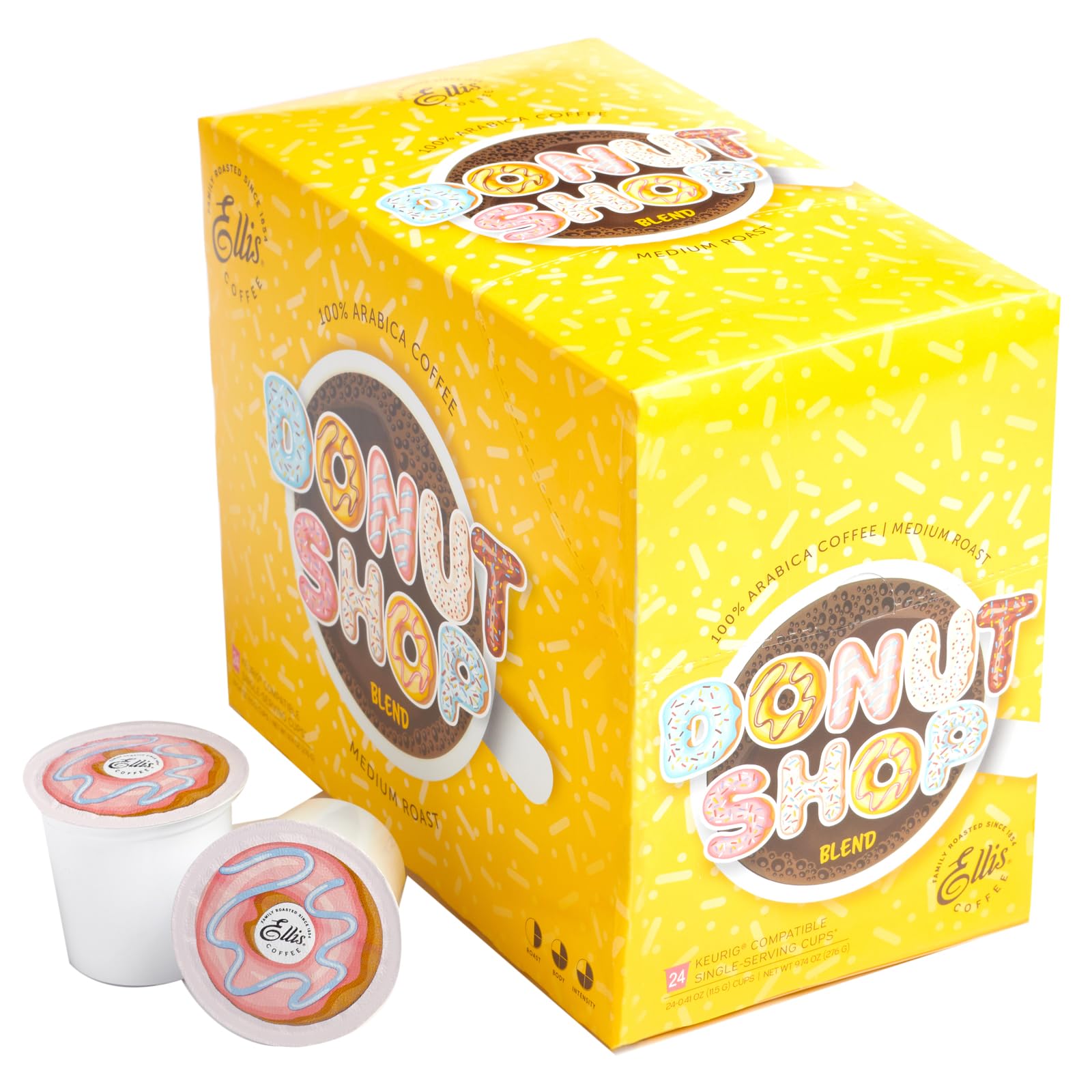 Ellis Coffee Donut Shop Medium Roast Single Serve Coffee Pods - 24 Count - Perfect for Keurig Brewers & Office Coffee Breaks