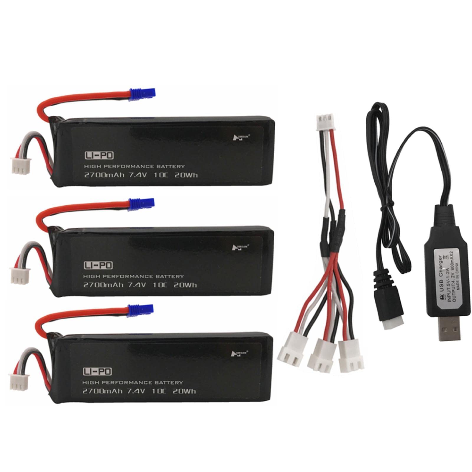 NaruSky 7.4V 2700mAh 10C LiPo Battery for Hubsan H501S H501C X4 RC Drone - 3 Pack with 1-in-3 Charging Cable & USB Charger - Perfect for FPV Racing, Aerial Photography and Long Flight Time