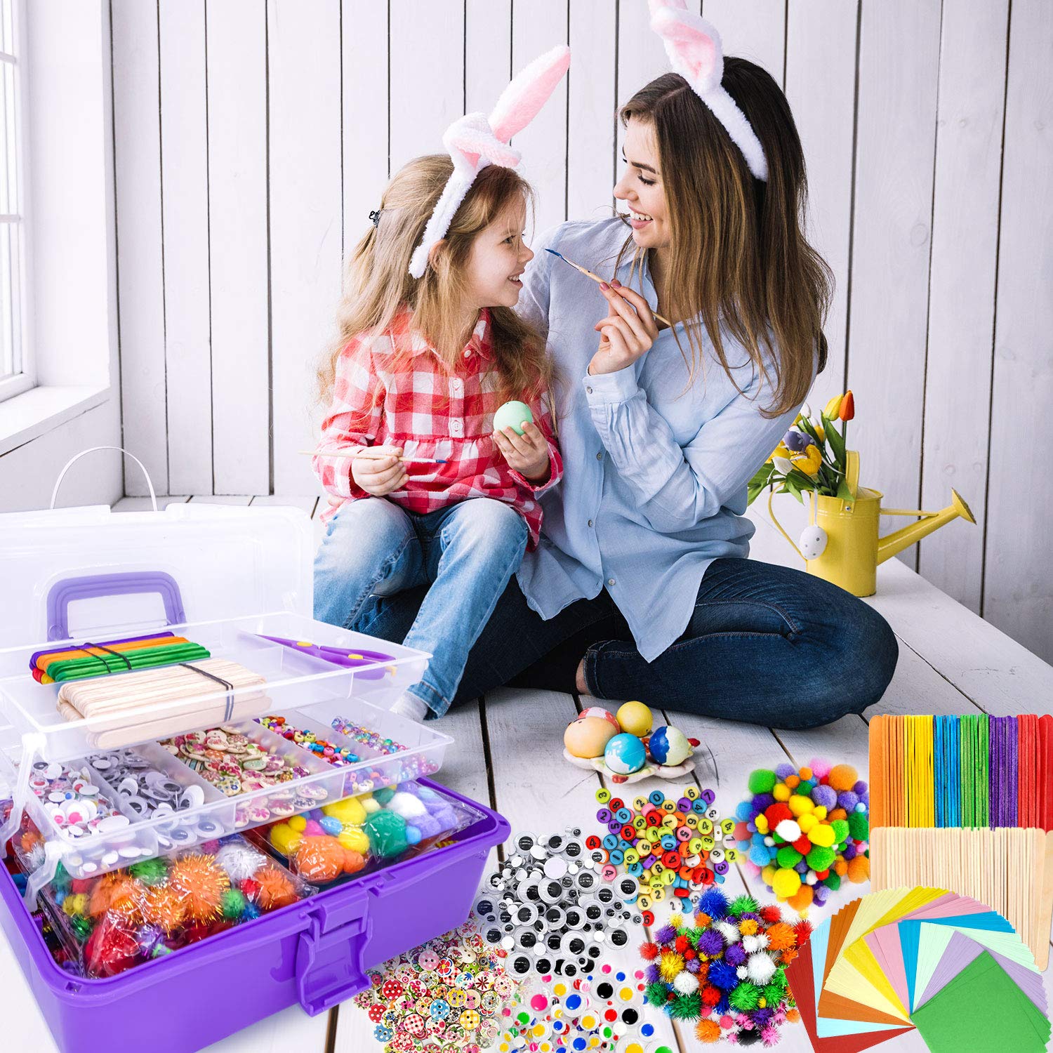 1405 Pcs Kids Craft Supplies Kit - Pipe Cleaners, Pom Poms, Feathers & Storage Box for DIY Art Projects | Perfect for Toddler Classroom Activities, Birthday Gifts & Creative Play (Purple)