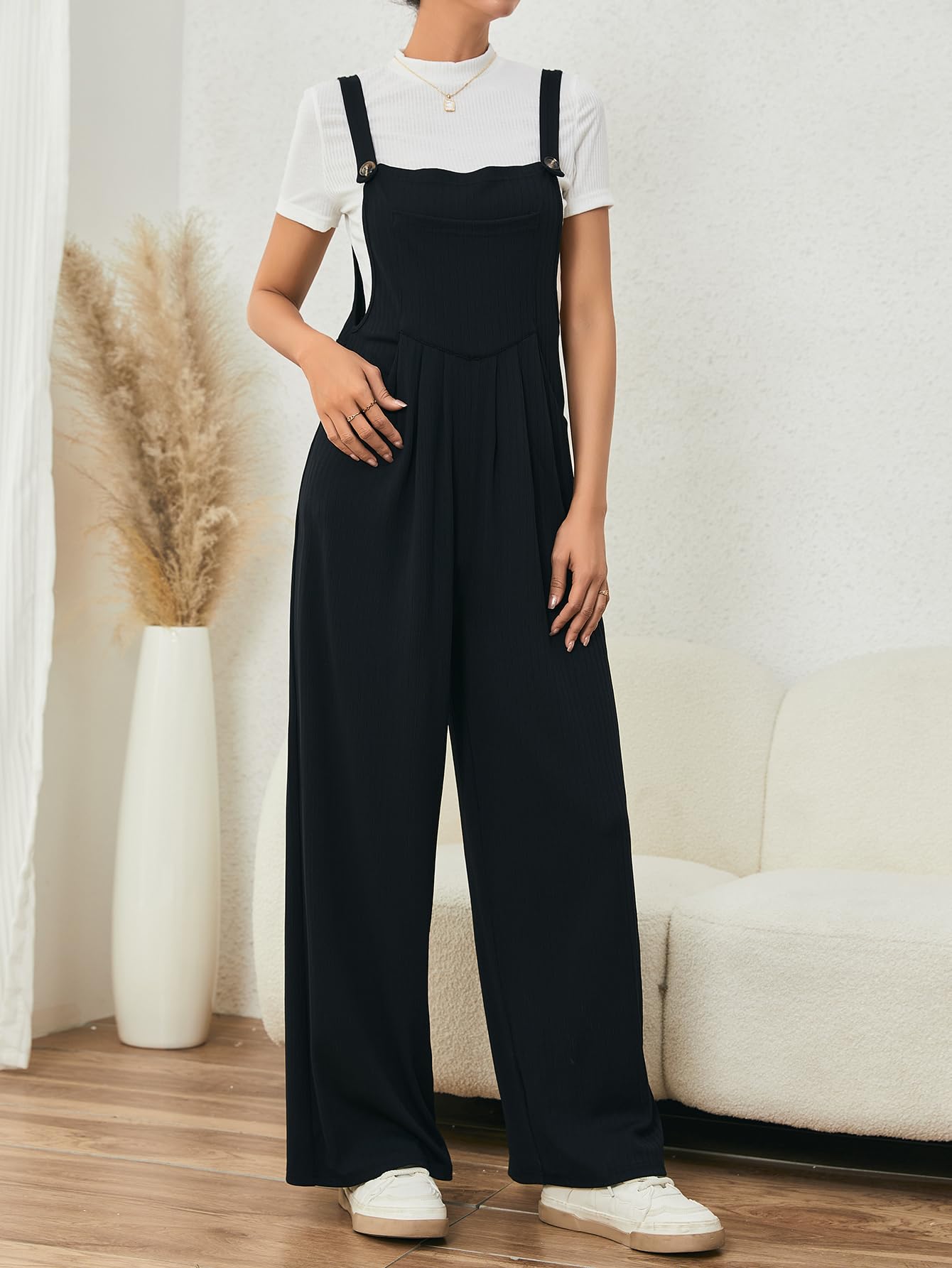 OYOANGLE Women's Waffle Knit Wide Leg Pinafore Jumpsuit with Pockets - Stylish Overalls Romper for Casual Outings, Date Nights & Fall Fashion