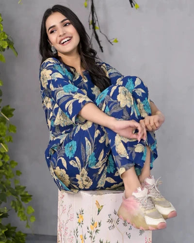 Serene Floral Blue Cotton Co-Ord Set for Women | UK Next Day Delivery | Perfect for Summer Outfits, Beach Vacations & Casual Wear