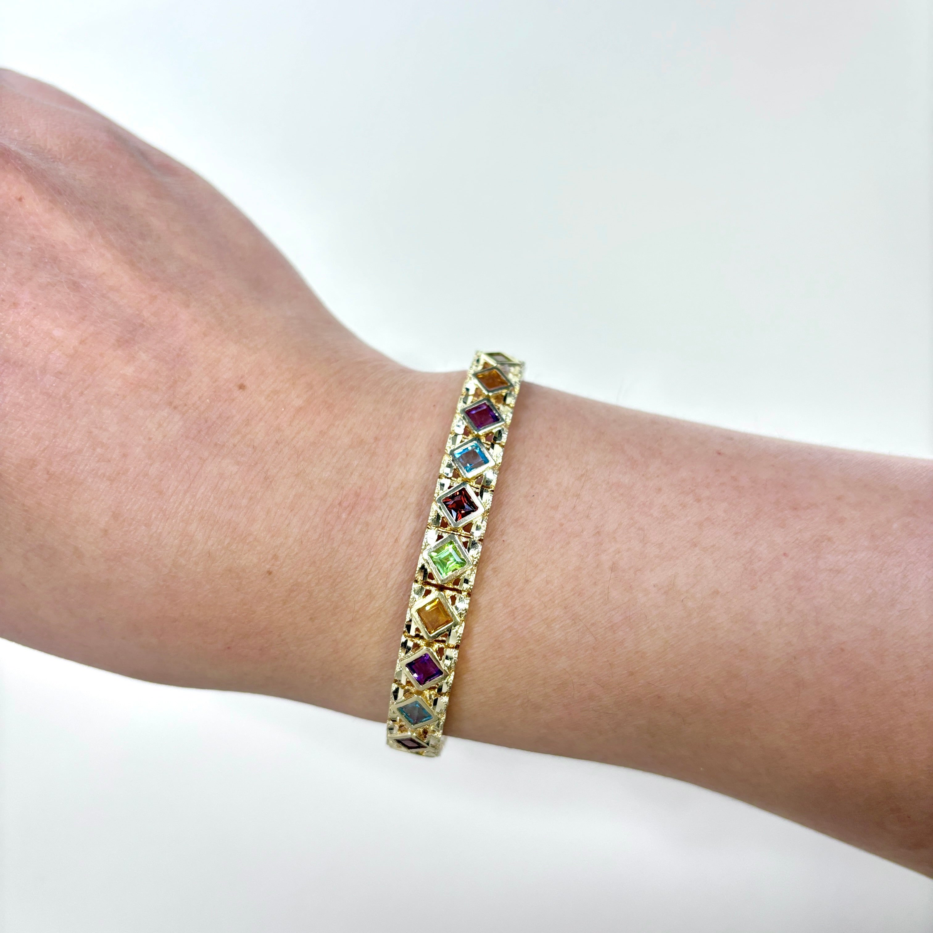 14K Yellow Gold Multi Gemstone Bracelet - 6.9ctw Natural Gemstones | 7 Inch Adjustable Bangle | Elegant Jewelry Gift for Women | Perfect for Weddings, Anniversaries & Special Occasions