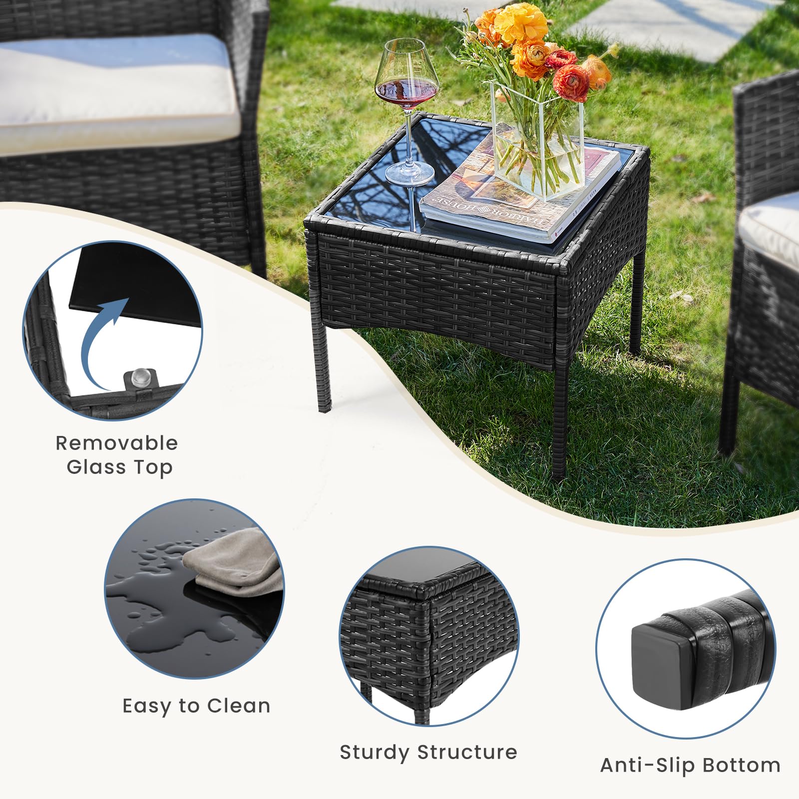DUMOS 3-Piece Patio Furniture Set - Outdoor Wicker Rattan Sofa & Coffee Table - Modern Garden Conversation Set for Terrace, Porch, Balcony, Lawn (Black & Beige) | Perfect for Outdoor Relaxation & Entertaining