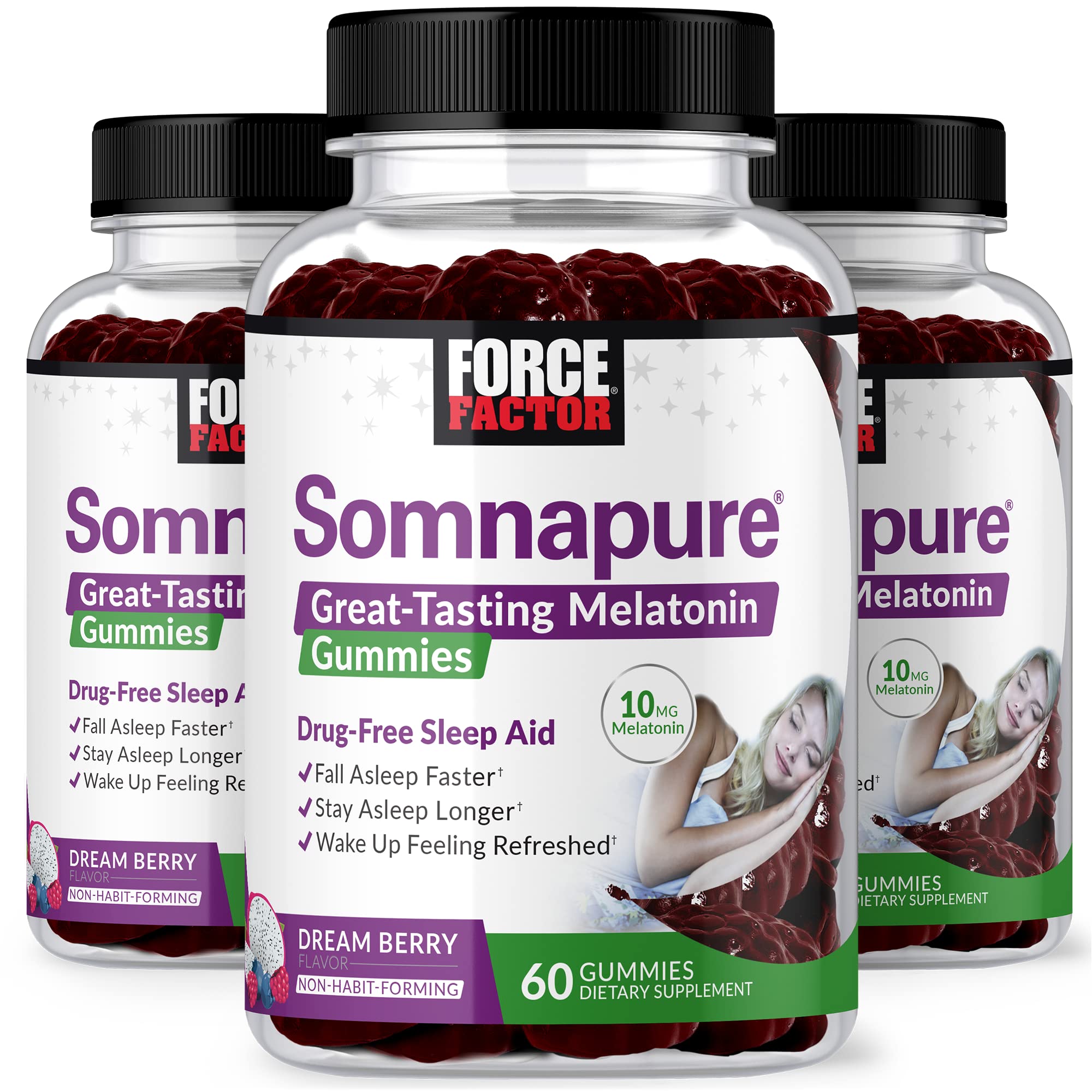 FORCE FACTOR Somnapure Gummies 3-Pack with 10mg Melatonin | Natural Sleep Aid Gummies | Dream Berry Flavor | 180 Count | Purple | Perfect for Travel, Stress Relief & Nighttime Relaxation
