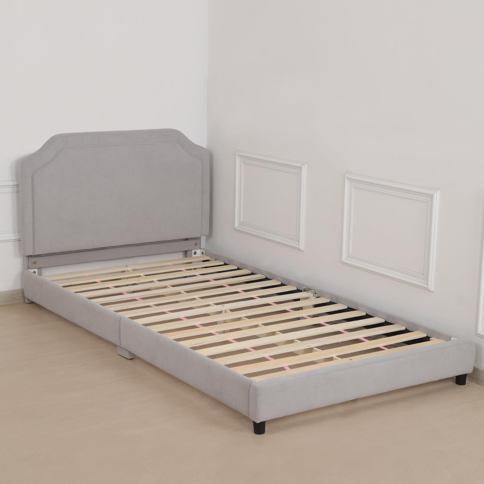 Velvet Upholstered Twin Bed Frame for Kids - Adjustable Wooden Headboard, Soft & Durable Gray Bed for Boys & Girls - Perfect for Bedrooms, Playrooms & Sleepovers