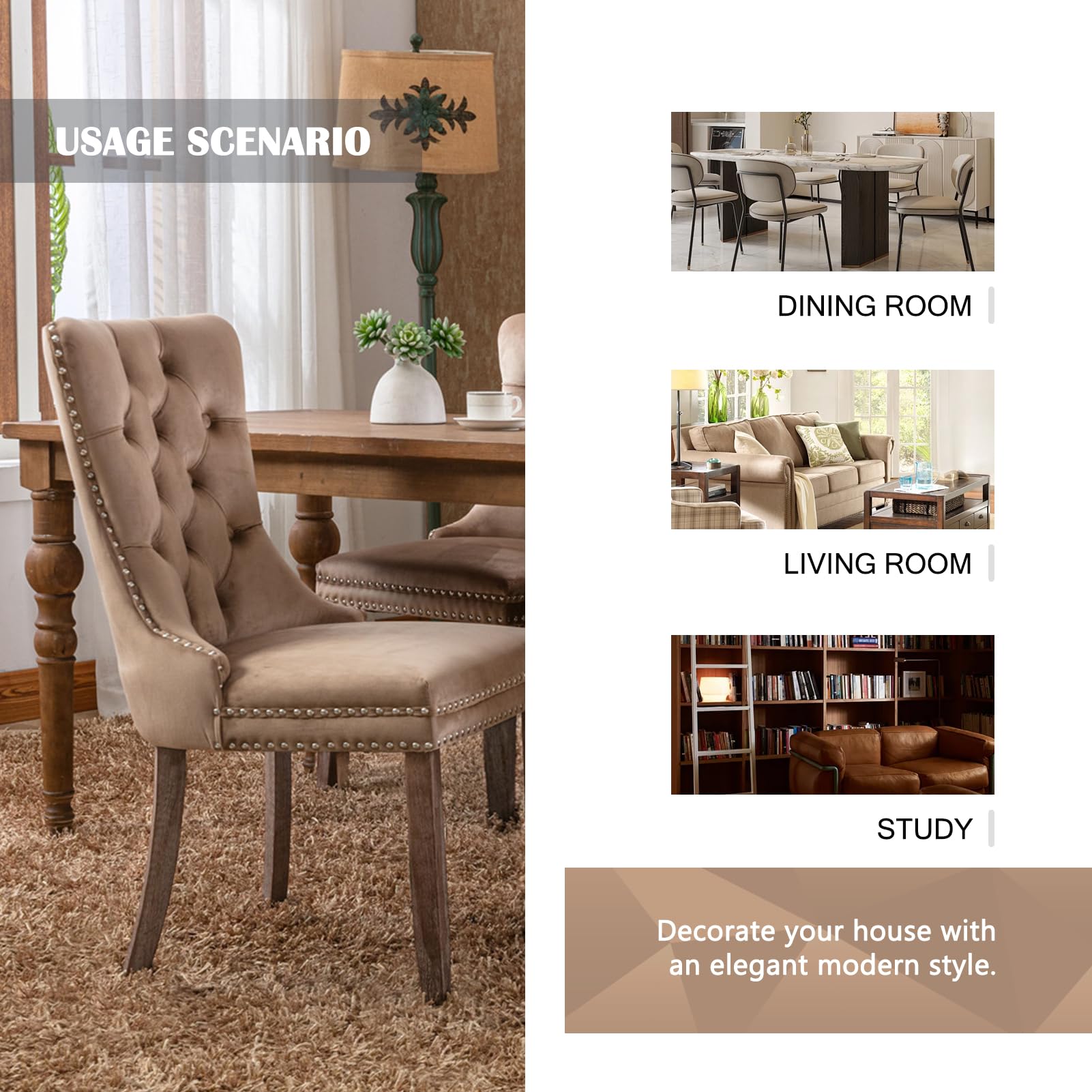 4 Velvet Upholstered Dining Chairs Set with Ring Pull Trim & Button Back - Modern Comfortable Seating for Kitchen, Bedroom & Living Room (Khaki) | Perfect for Home Dining, Entertaining Guests & Cozy Reading Nooks