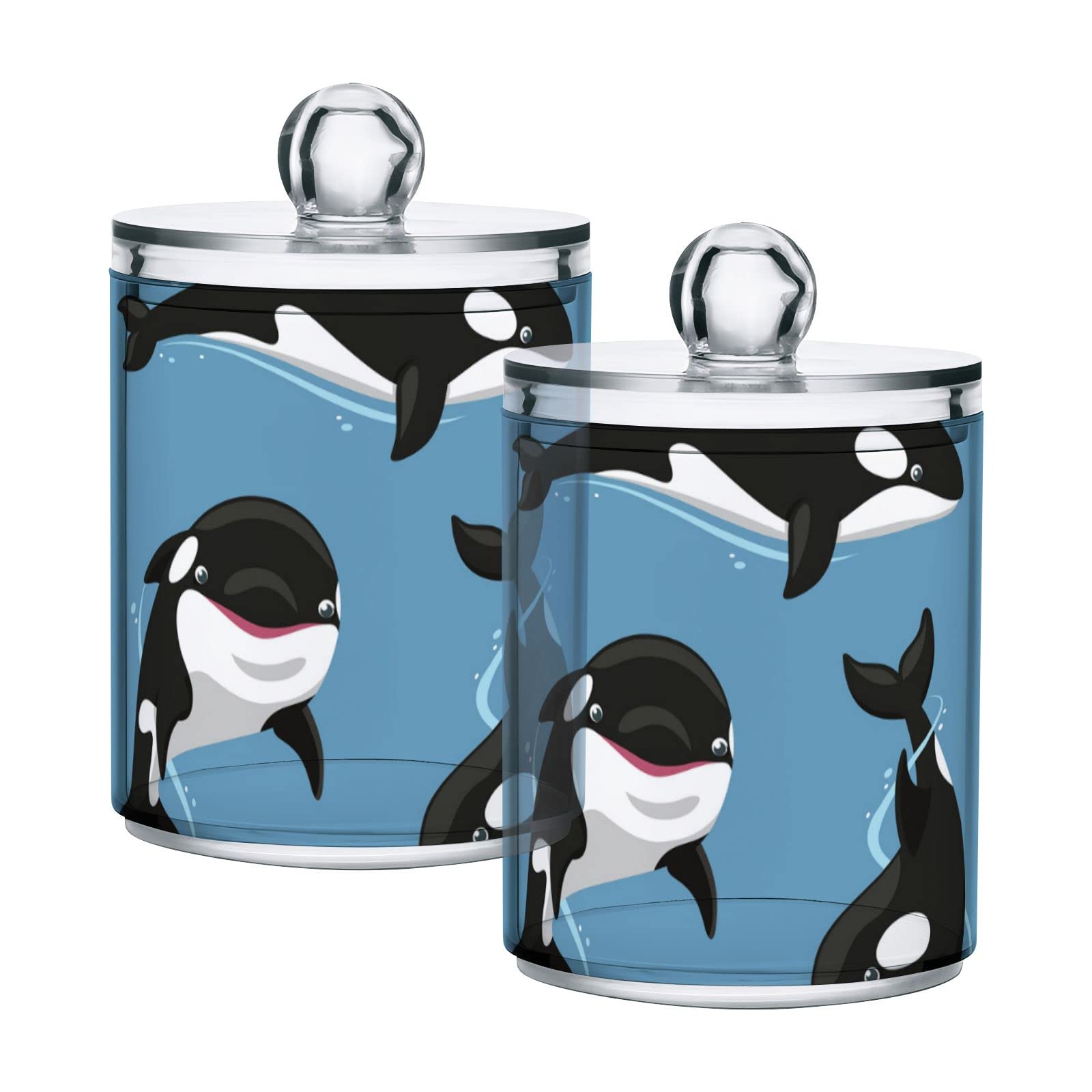 Set of 4 Translucent 10 oz Plastic Storage Jars with Lids - Killer Whale Design for Cotton Swabs, Tea, Cookies & Food Storage | Airtight Canning Containers for Kitchen, Bathroom & Office Organization