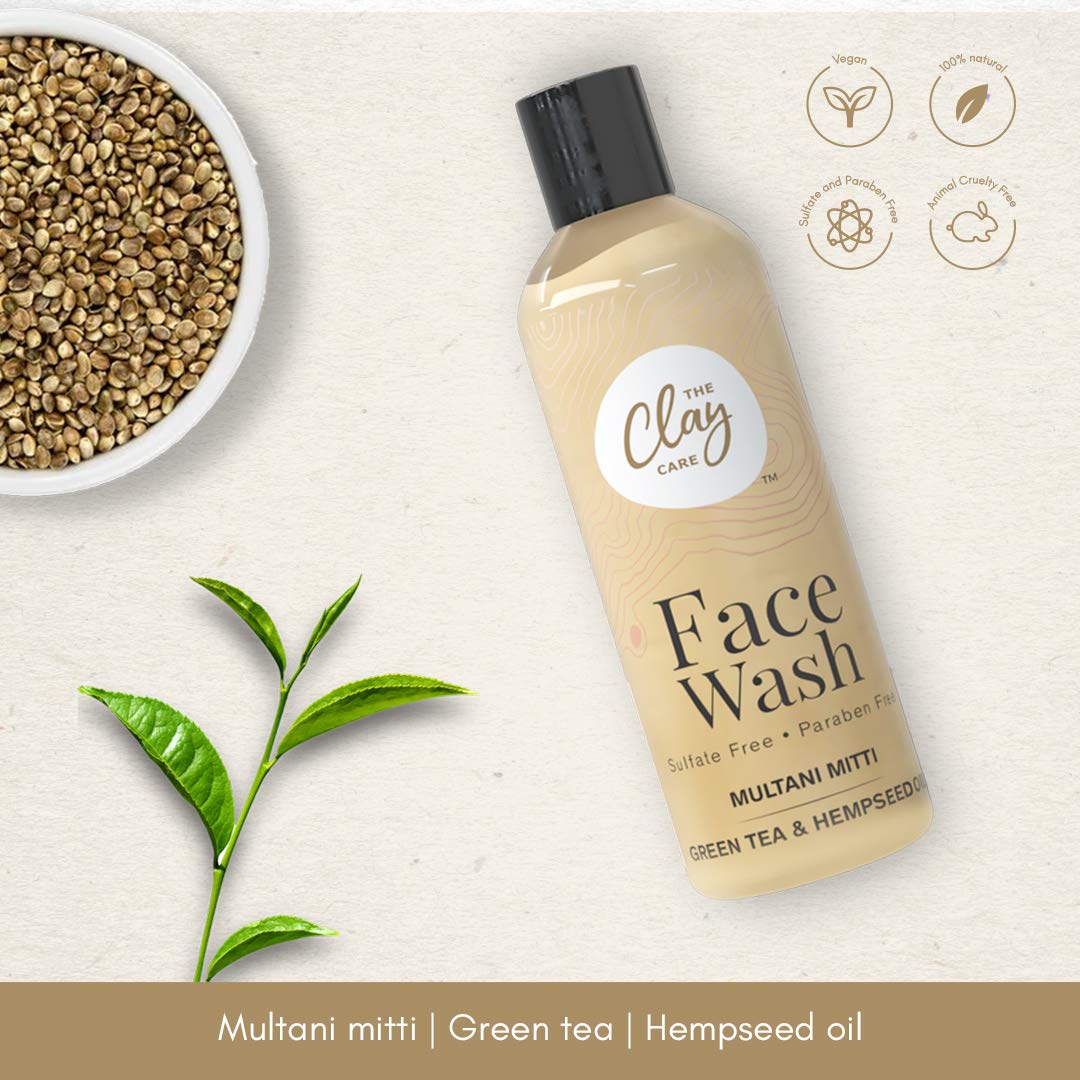 Natural Clay Care Face Wash with Multani Mitti, Green Tea & Hempseed Oil - For Oily, Acne-Prone & Uneven Skin (Men & Women, All Skin Types, 100ml) | Deep Cleansing & Oil Control for Daily Skincare Routine