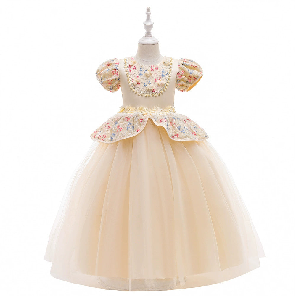 Champagne Princess Square Neck Floor Length Lace Flower Girl Dress for Weddings, Baptisms & Special Occasions