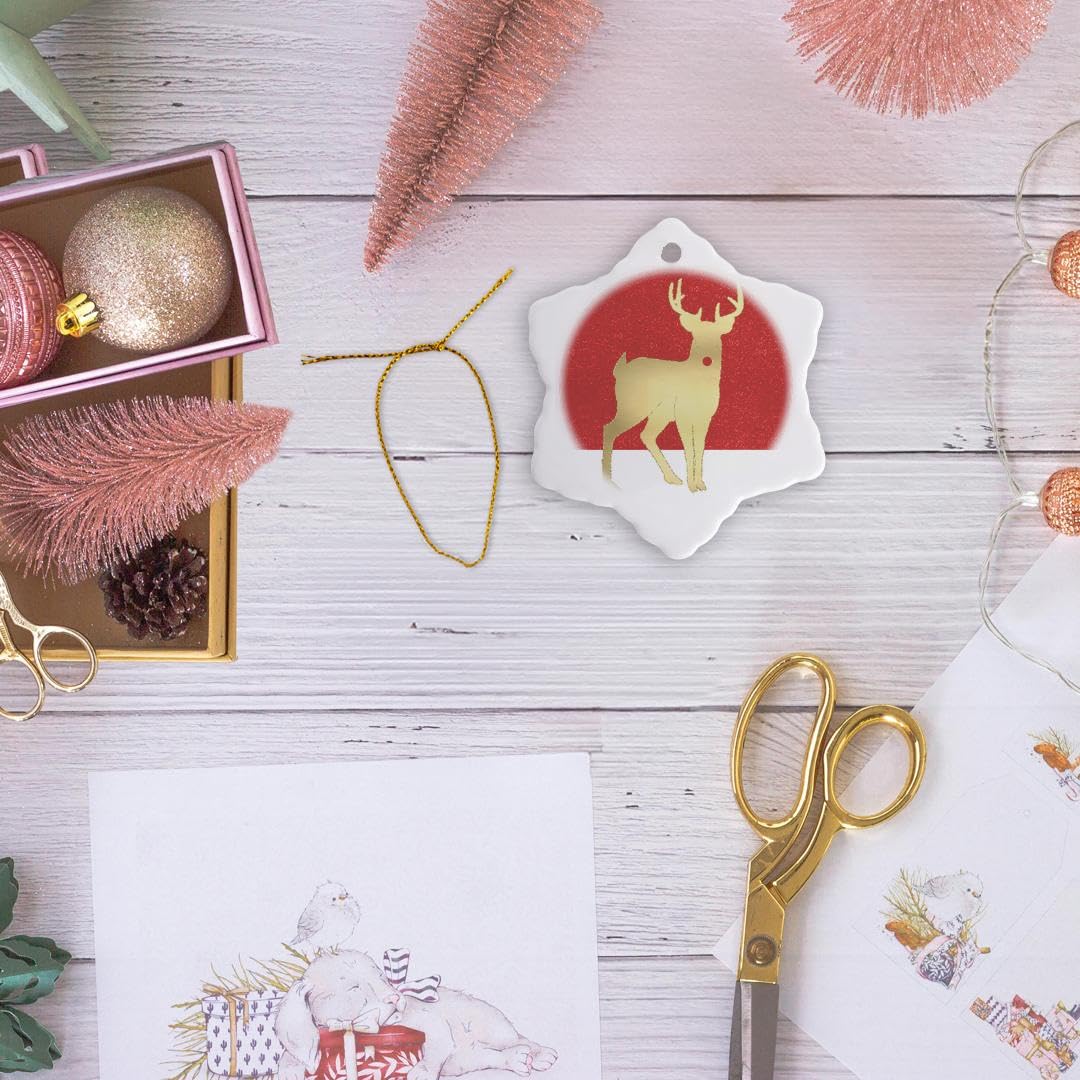 3D Christmas Ornament - 3-Inch Porcelain Red Nosed Reindeer with Gold & Red Snowflake Design | Holiday Tree Decor for Xmas, Winter Home Decor, Gift Idea
