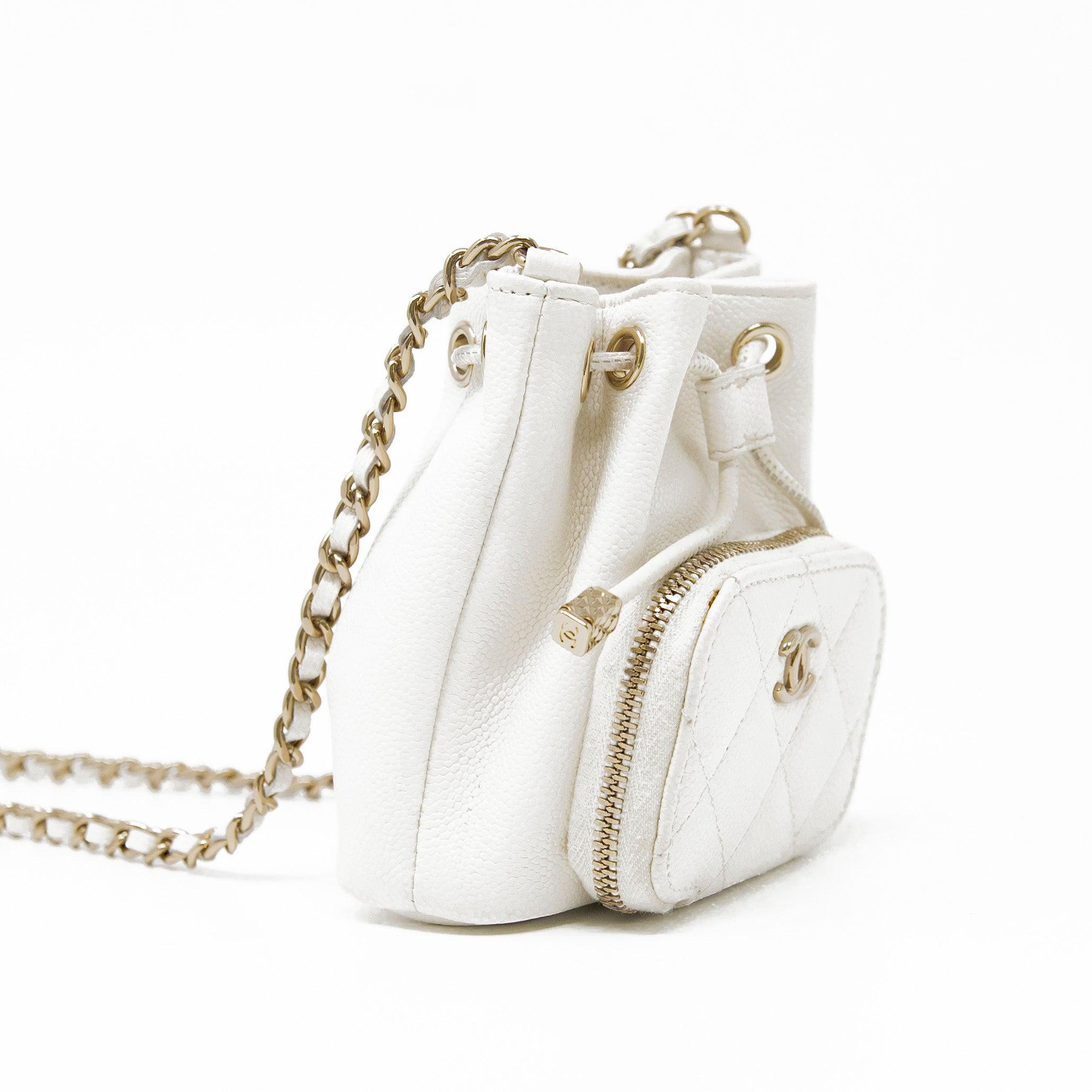 Chanel White Mini Pocket Bucket Bag - Luxury Crossbody Handbag for Women | Perfect for Date Night, Shopping & Travel