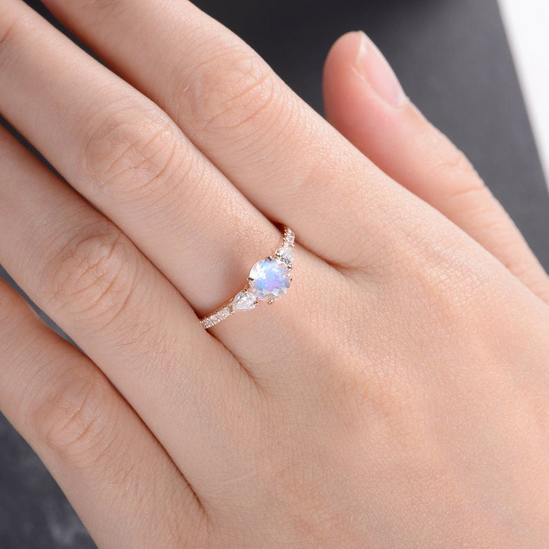 Rose Gold Moonstone Engagement Ring with Pear Moissanite - June Birthstone for Women - Perfect for Weddings, Anniversaries & Special Occasions