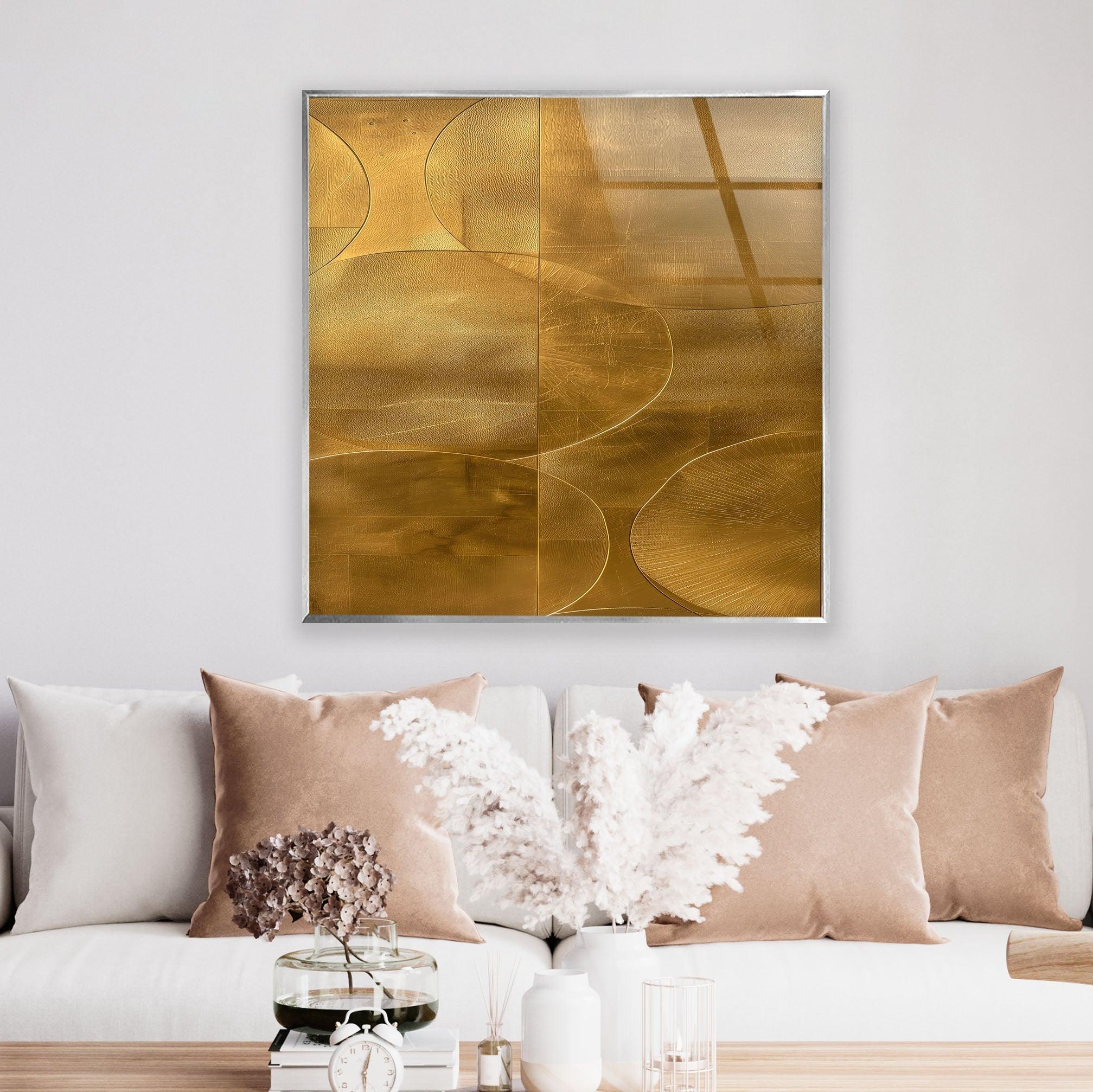 Abstract Gold Geometric Glass Wall Art - Modern Home Decor for Living Room, Bedroom & Office - Elegant Handmade Glass Panel for Stylish Interior Design