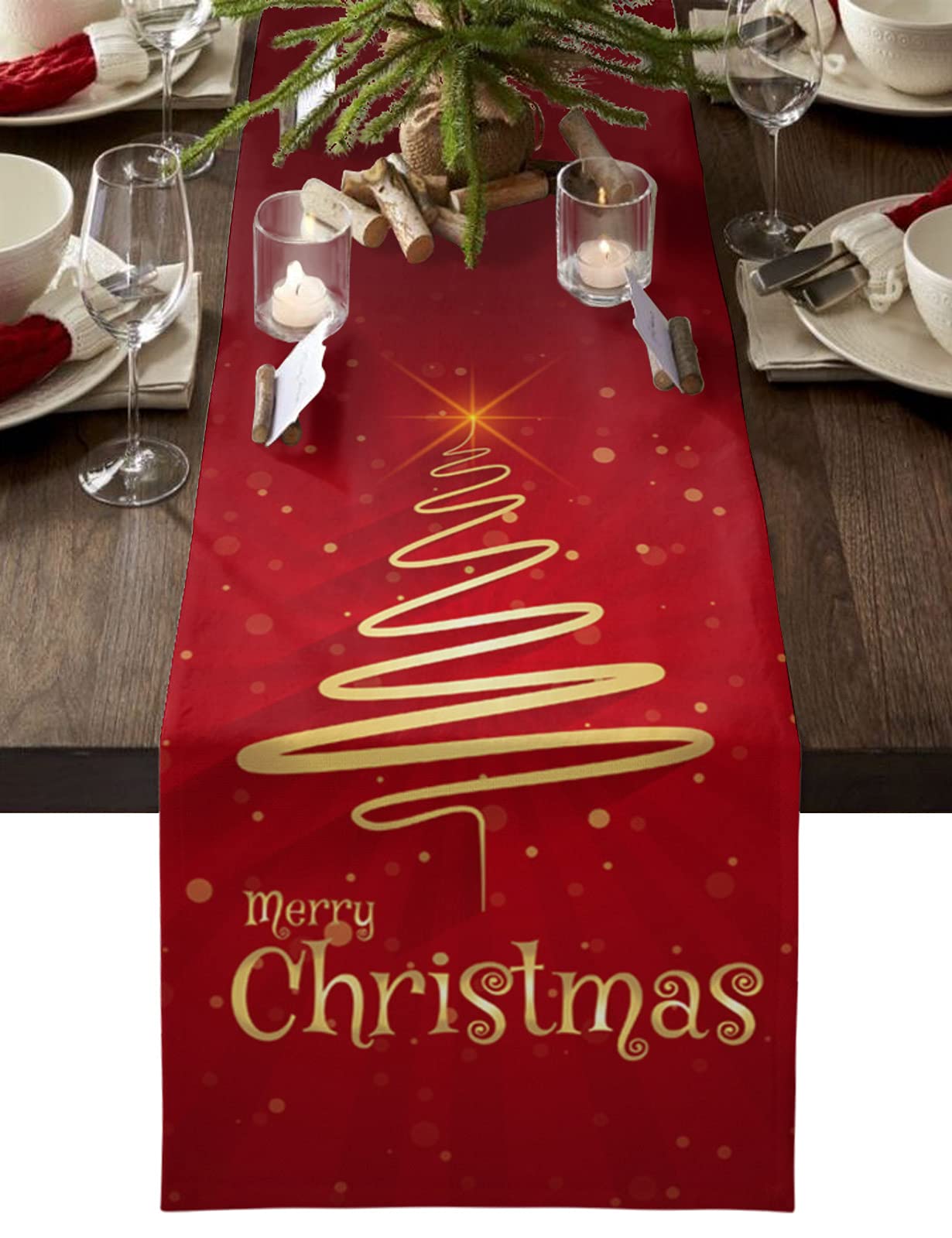 Lilmeme 36 Inch Christmas Tree Table Runner - Farmhouse Style Heat-Resistant Table Linen for Wedding, Coffee Table, Dining Holiday Party Decor - Indoor & Outdoor Use - Red