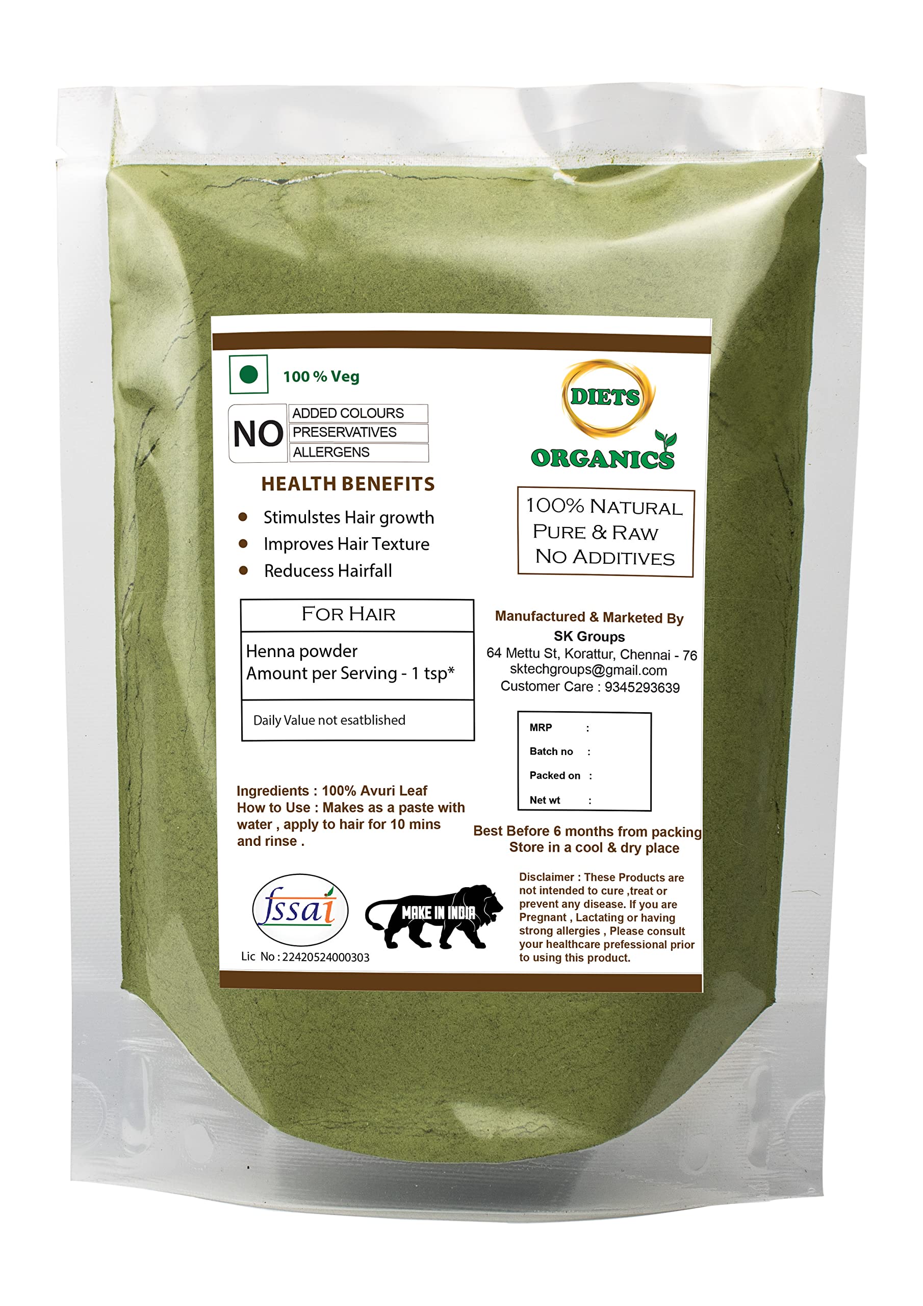 Diets Organics AVURI Powder | Natural Indigo Powder for Black Hair Dye | 200Gms Pack of 1 | Safe Hair Coloring for Men & Women at Home