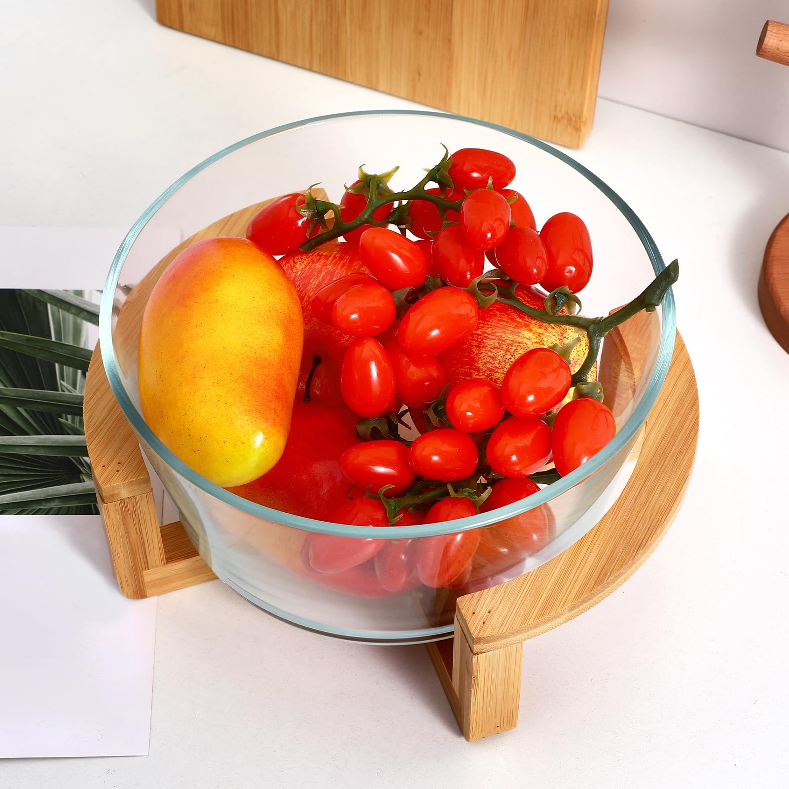 HEMOTON 2500ml Glass Salad Bowl with Wood Stand - Kitchen & Party Serving