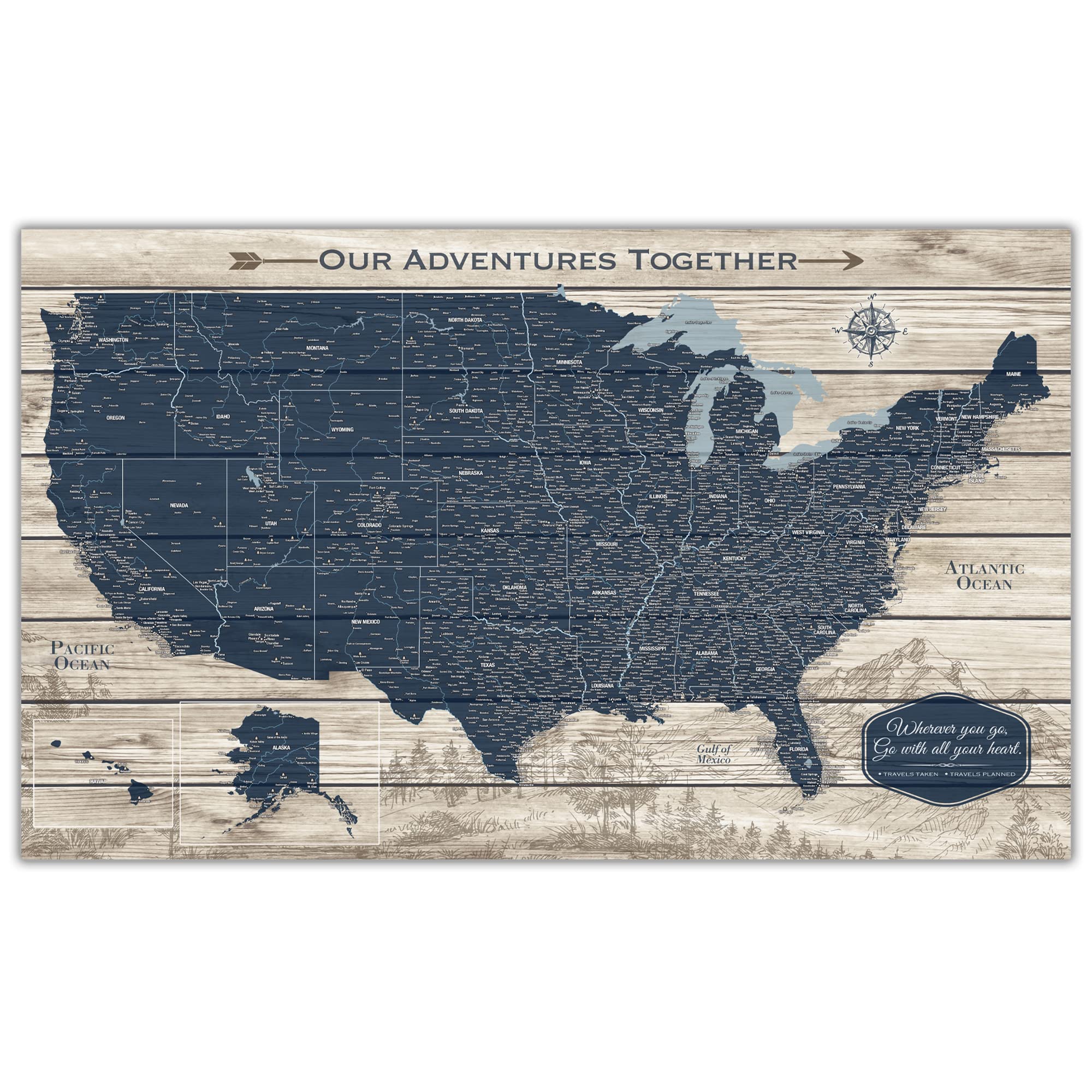 Personalized USA Push Pin Travel Map - Rustic Woodgrain Canvas with National Parks & Navy Blue US Map - Perfect Travel Gift for Adventurers | Track Trips, Display Memories, Decorate Home Office