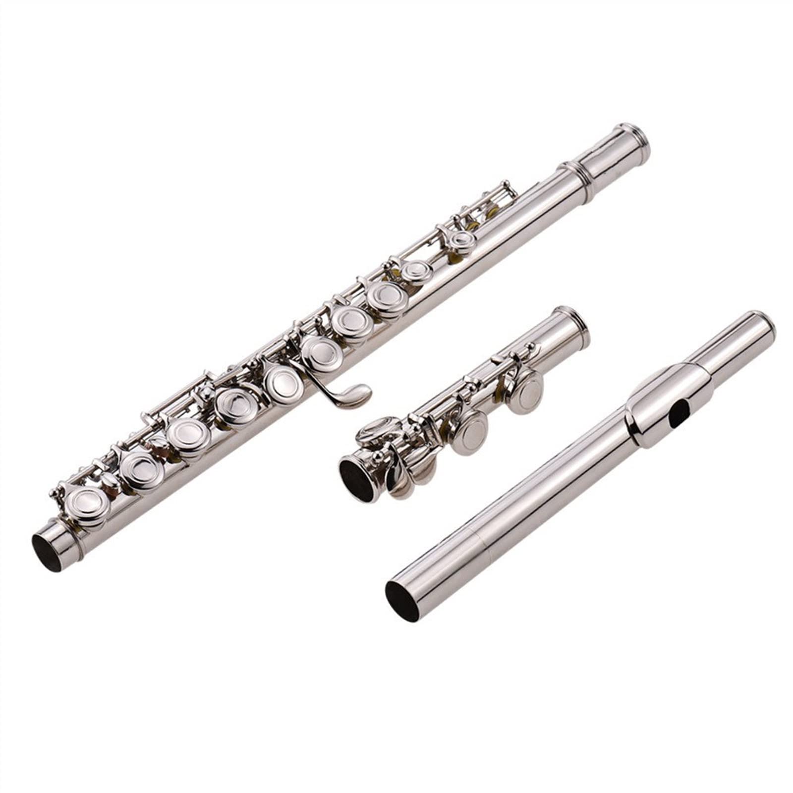 Silver Plated 16 Hole C Key Cupronickel Student Flute - Wind Instrument with Cleaning Cloth, Rod & Gloves - Perfect for Beginners, School Bands & Music Practice