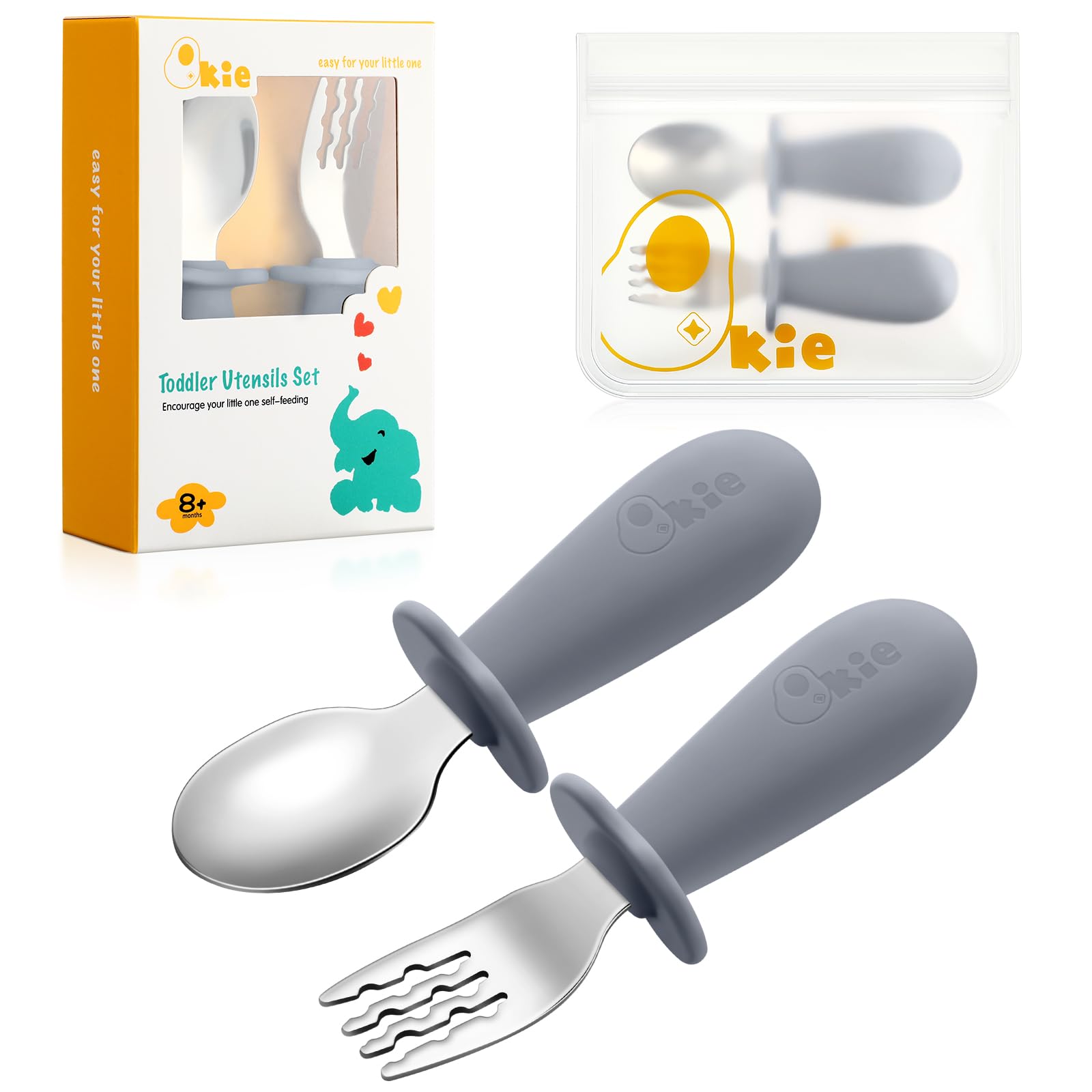 **Stainless Steel Toddler Utensils Set - BPA-Free Silicone Grip Forks & Spoons for Baby Self Feeding (8+ Months) - Perfect for Mealtime & Learning Independence**