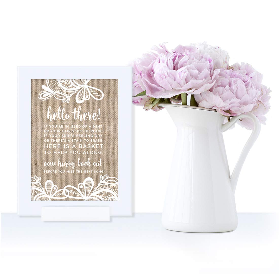 Elegant Andaz Press Wedding Framed Party Signs - 5x7 Inch Burlap Lace Printed Cardstock for Bathroom Basket Decor - 1-Pack with Frame - Perfect for Bridal Showers, Wedding Receptions & Home Decor