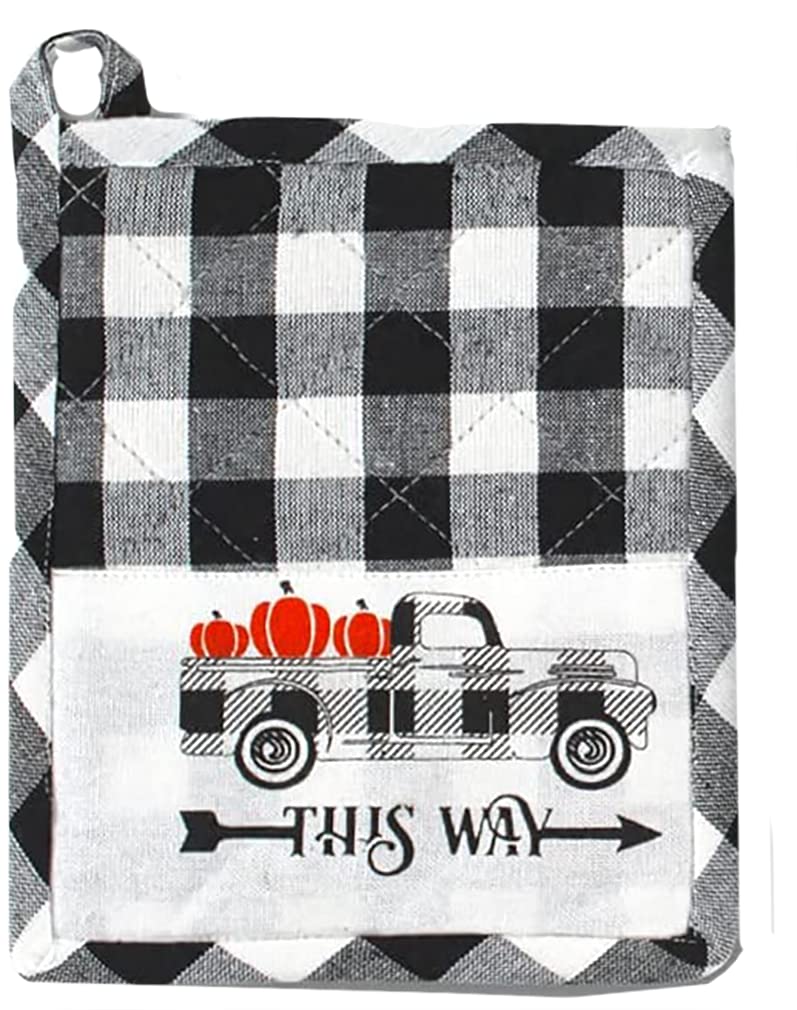 4-Piece Fall Kitchen Set - Buffalo Plaid Pickup Truck with Pumpkins Print - Includes 2 Towels, 1 Potholder & 1 Oven Mitt - Decorative & Functional Kitchen Accessories for Thanksgiving, Autumn Decor & Cozy Farmhouse Style