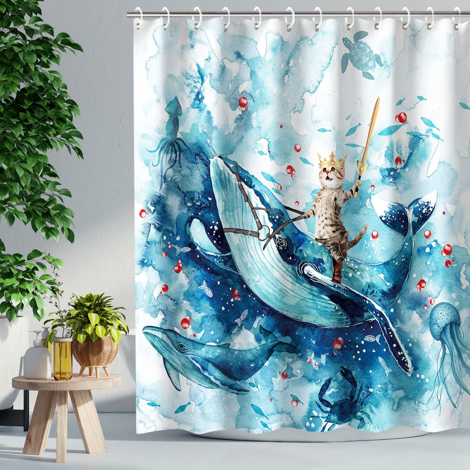 RosieLily Funny Cat Shower Curtain Set - Blue Ocean Themed Bathroom Decor with 12 Hooks (72x72 Inches) - Perfect for Kids' Bathrooms & Coastal Style Home Decor
