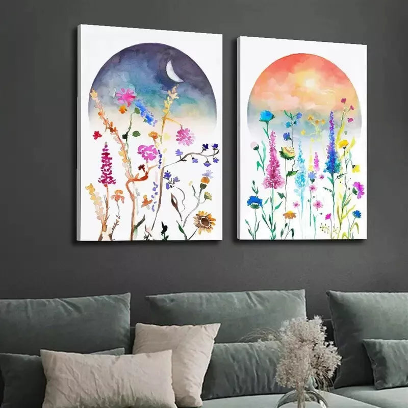 2-Piece Boho Color Art Set - Celestial Watercolor Wildflower Canvas Prints (50x75cm) | High Quality Framed Wall Art | Ready to Hang | Australian Made | Perfect for Living Room, Bedroom & Office Decor