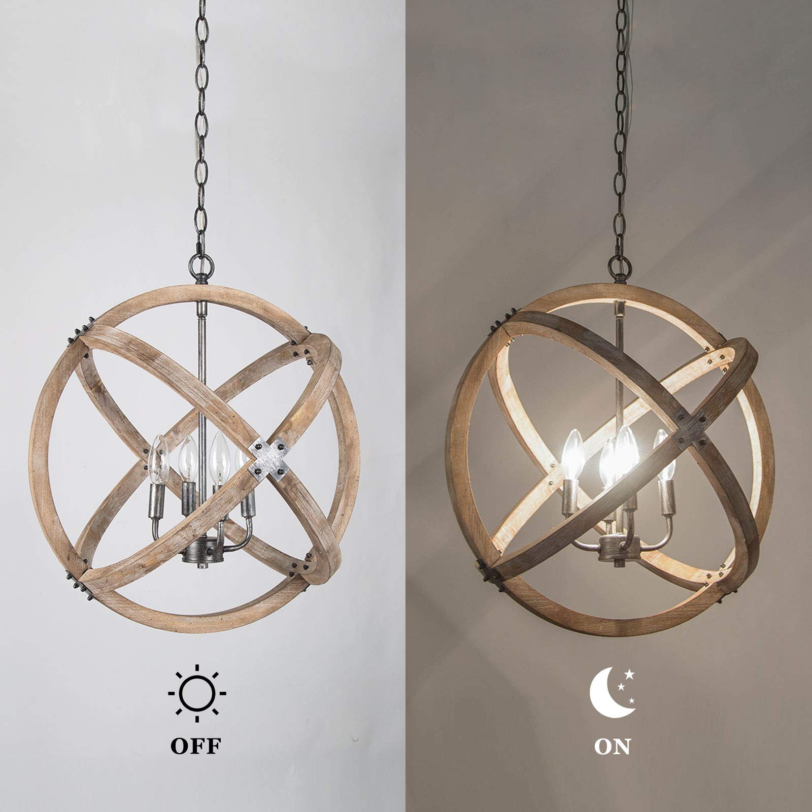 Rustic Farmhouse Chandelier - 4-Light Large Orb Pendant Light with Barn Wood & Metal Finish, 20