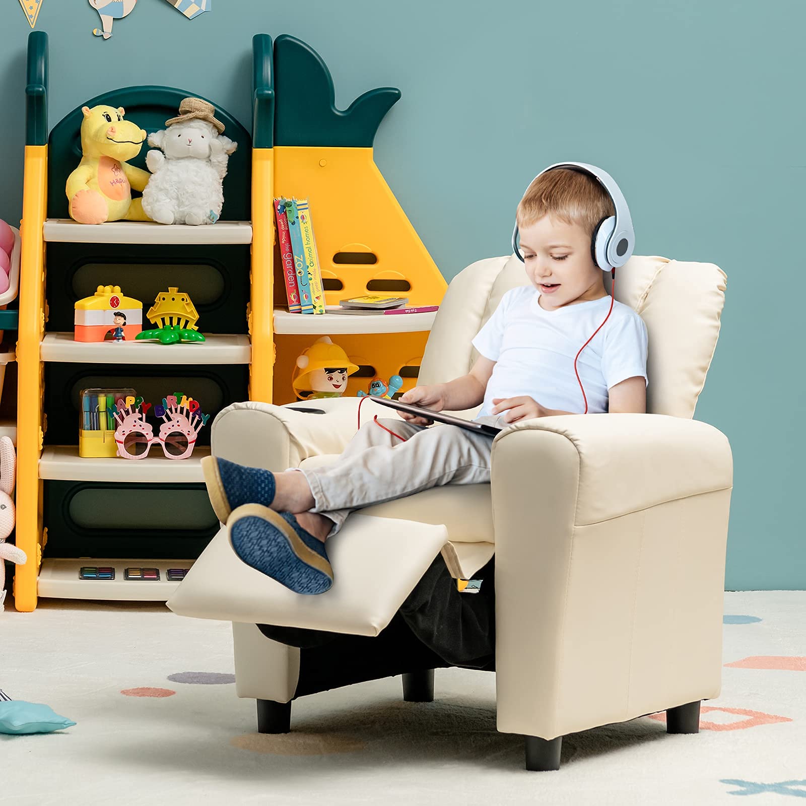 Kids Recliner Sofa Chair with Cup Holder, Adjustable Headrest & Footrest - PU Leather Toddler Armchair for Boys & Girls, Nursery, Playroom, Bedroom (Beige) - Perfect for Reading, Watching TV & Relaxing
