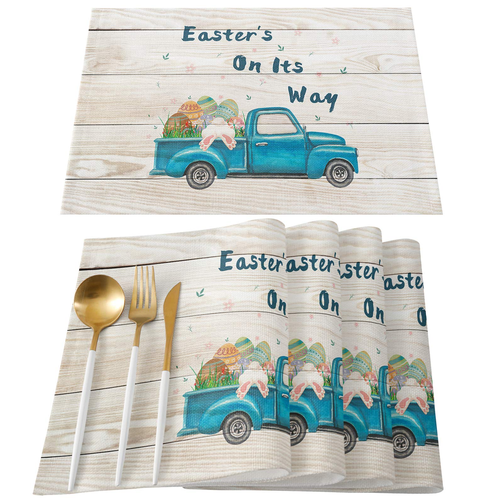 Farmhouse Easter Table Placemats Set of 4 - Round Non-Slip Heat Resistant Washable Kitchen Mats with Bunny & Egg Design - Rustic Wood Decor for Dining Table - Perfect for Family Gatherings, Holiday Meals & Spring Decor