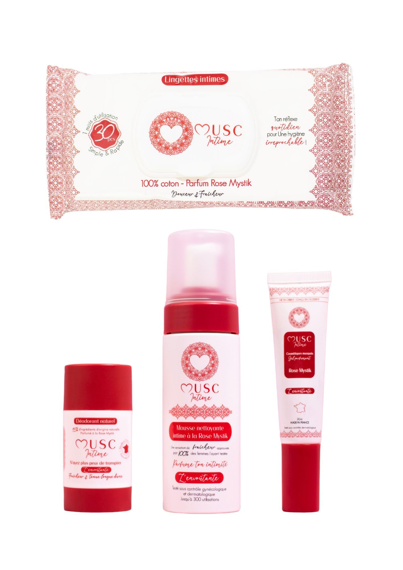 MUSC INTIME - The Intimate Ritual Musk Set - Enchanting Mystique Rose Foam 150ml, Deodorant 50g, Perfume 30ml & 30 Rose Wipes - 4 Step Intimate Freshness Kit for Women - Perfect for Daily Hygiene, Travel & Special Occasions