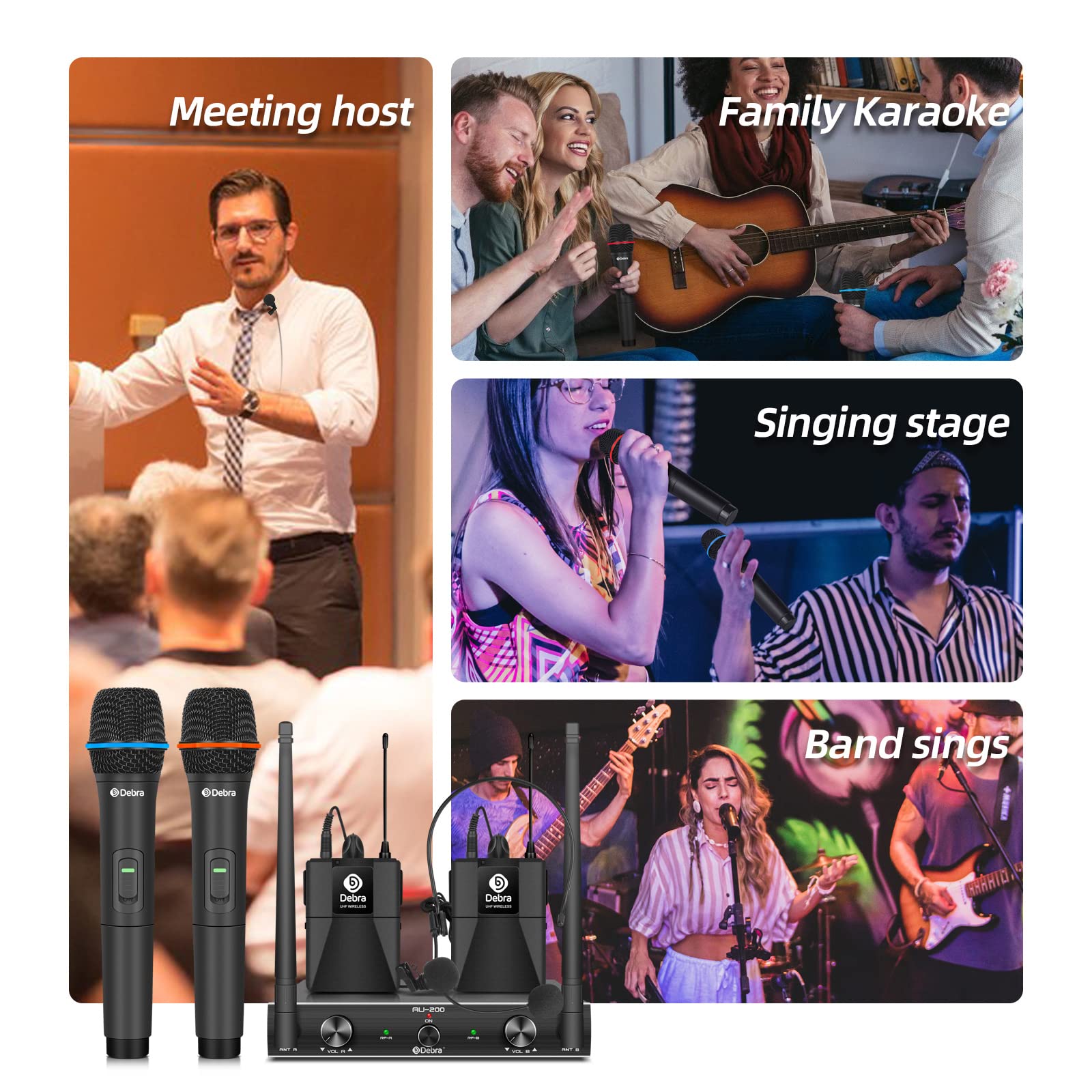 Debra Audio AU200 Pro UHF 2 Channel Wireless Microphone System - Dual Cordless Handheld & Lavalier Headset Mics with Metal Receiver - Ideal for Karaoke, Church Events, Parties & Live Performances