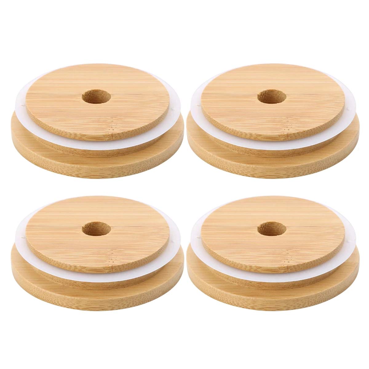 4 Pack 86mm Wide Mouth Bamboo Mason Jar Lids with Straw Hole - Reusable Leak-Proof Bamboo Caps for Glass Canning Jars - Perfect for Iced Tea, Cold Brew Coffee & Smoothie Storage