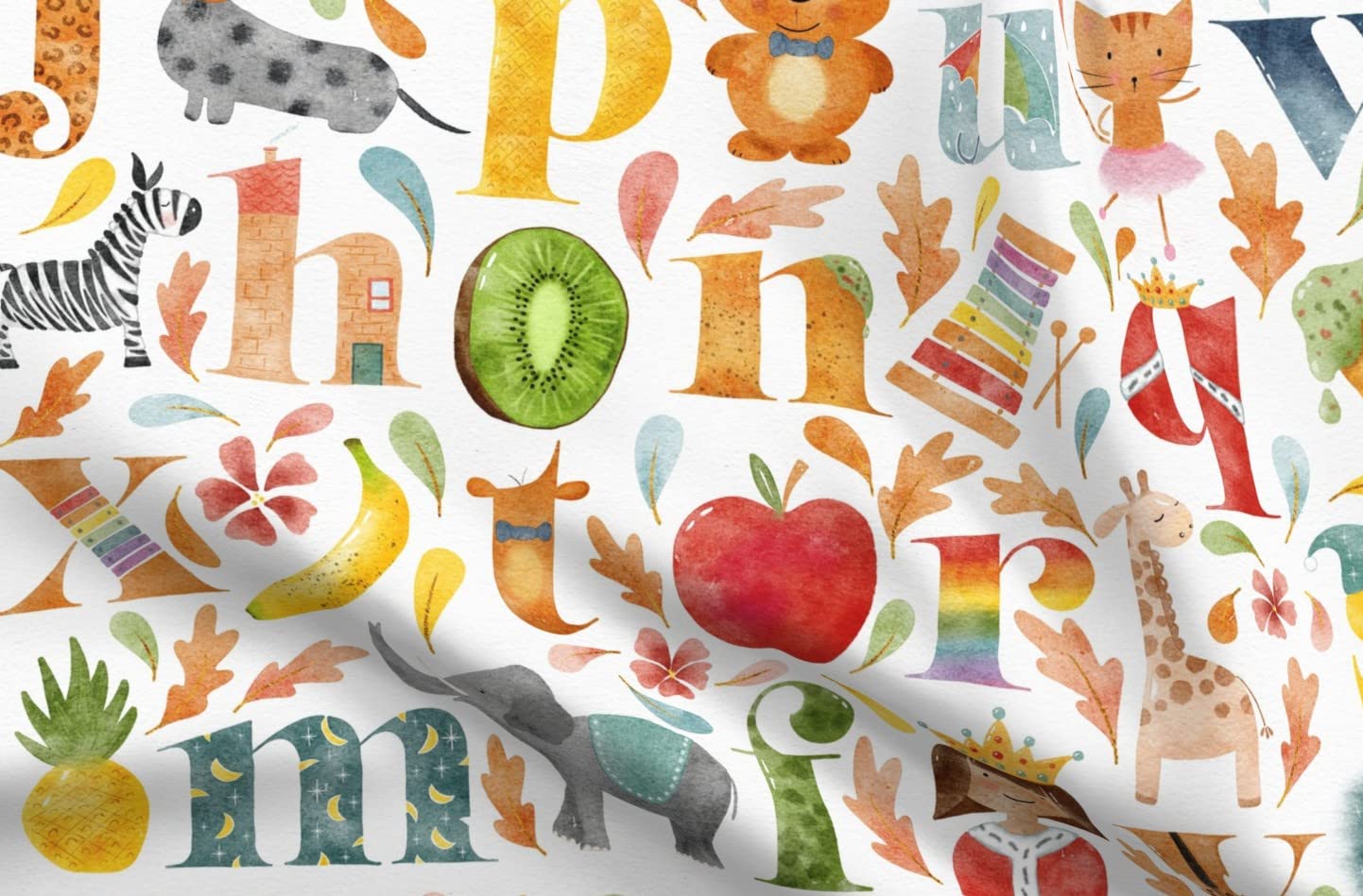 Spoonflower ABC Bright Children Play Kids Nursery Printed Denim Fabric by The Yard - Durable Bottomweight Fabric for Apparel, Home Decor & Upholstery - Perfect for DIY Kids Clothes, Curtains & Nursery Decorations