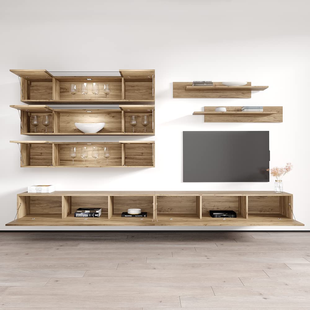 Modern Floating TV Stand with Storage & LED Lights - Wall-Mounted Entertainment Center for Bedroom & Living Room - Oak Wood TV Console with Shelves | Perfect for Small Spaces & Home Theater Setup