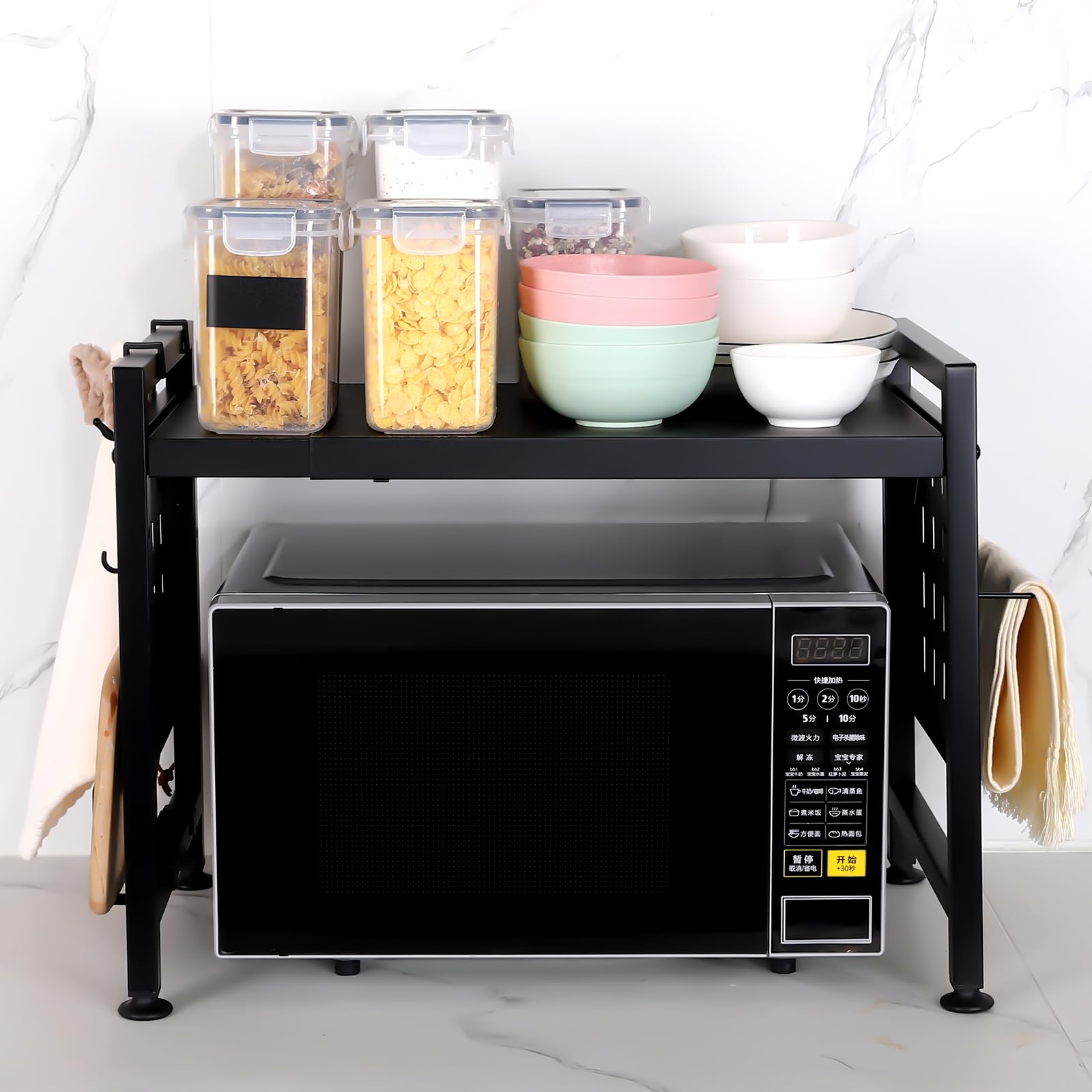 2-Tier Extendable Microwave Oven Rack - Adjustable Kitchen Countertop Shelf with 4 Hooks & Pot Lid Holder - Space Saving Organizer for Small Kitchens & Apartments - Black
