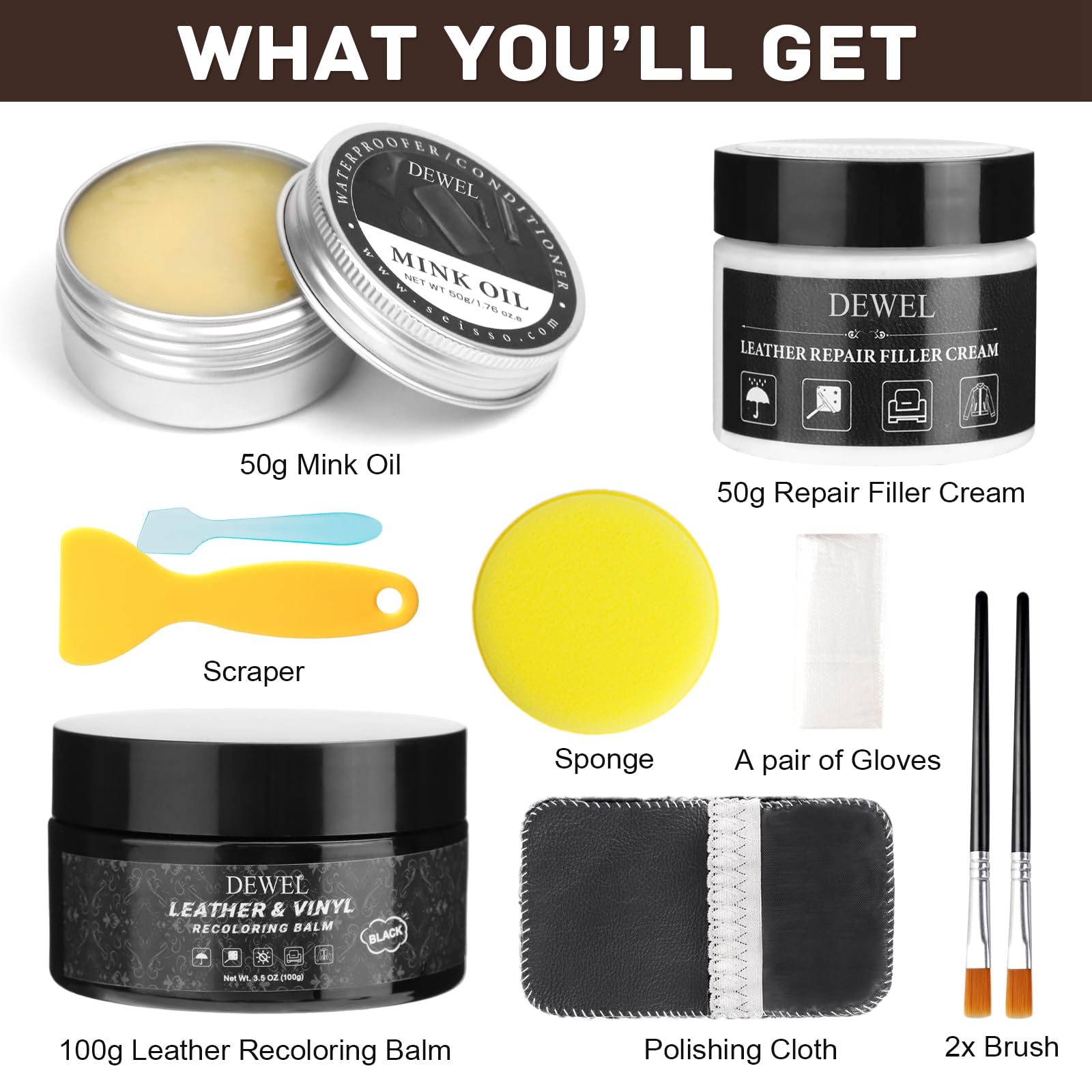DEWEL Black Leather Recoloring Balm & Mink Oil Conditioner - Professional Leather Repair Kit for Furniture, Couches, Car Seats, Purses - Fix Scratches, Peeling & Burn Holes | Restore & Protect Leather Goods at Home or Office