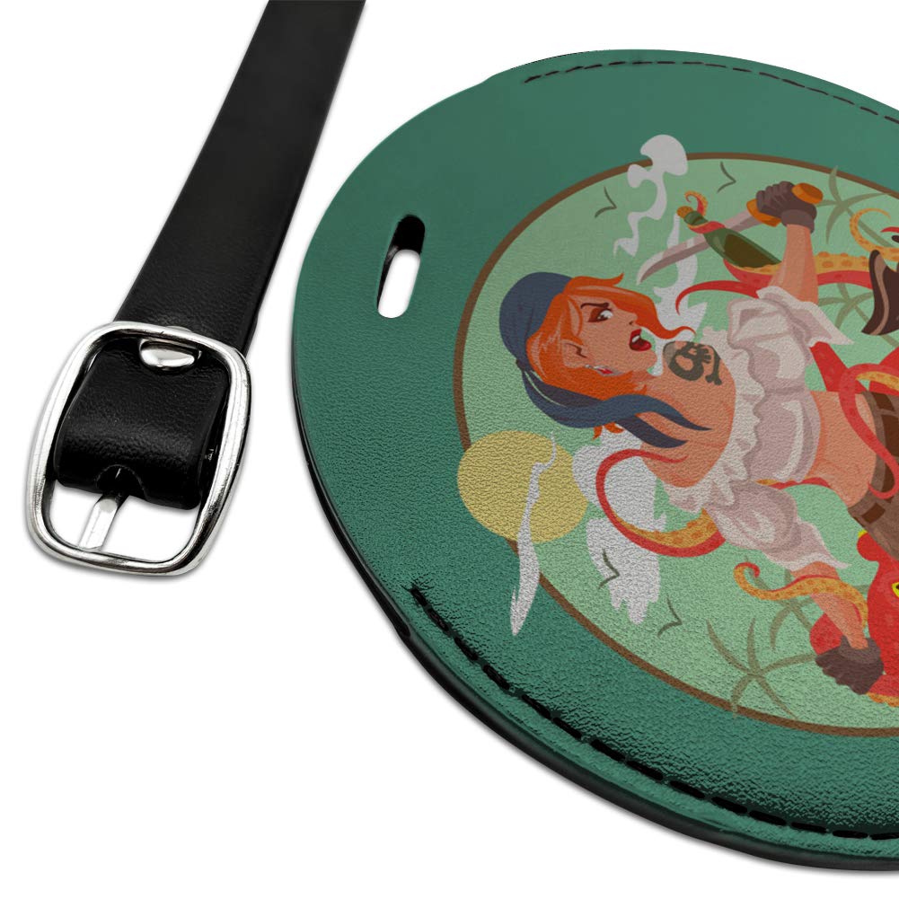 Octopus & Pirate Themed Round Leather Luggage Tag - Waterproof Carry-On ID Tag for Suitcases, Backpacks & Travel Bags | Perfect for Vacation, Business Trips & Cruise Adventures