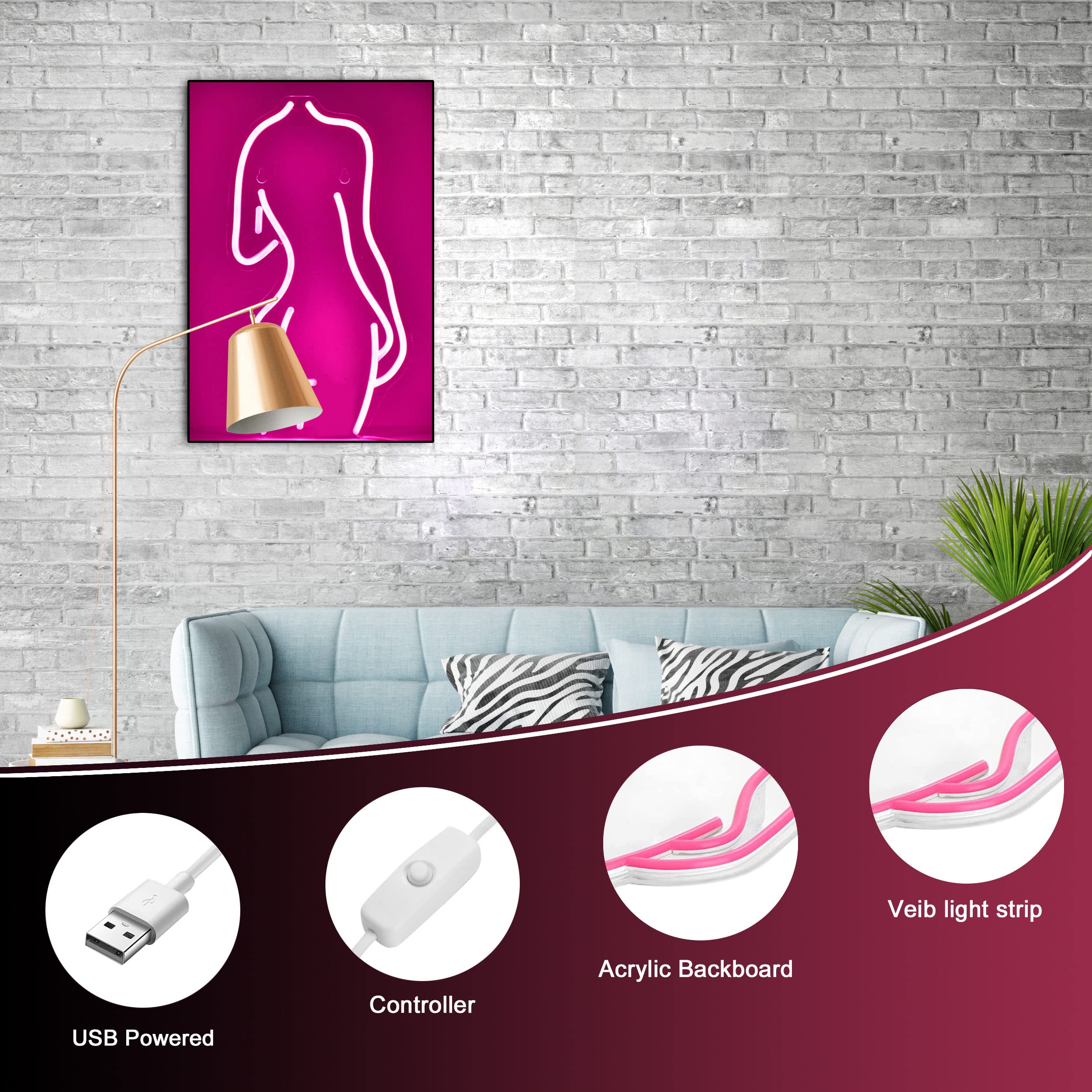 Pink LED Neon Sign for Women - 17x8.5 Inch USB Powered Backlit Wall Decor for Bedroom, Man Cave, Bar, Pub, Club, Garage & Home Parties - Perfect for Girls Room, Bachelorette Decor & Night Light