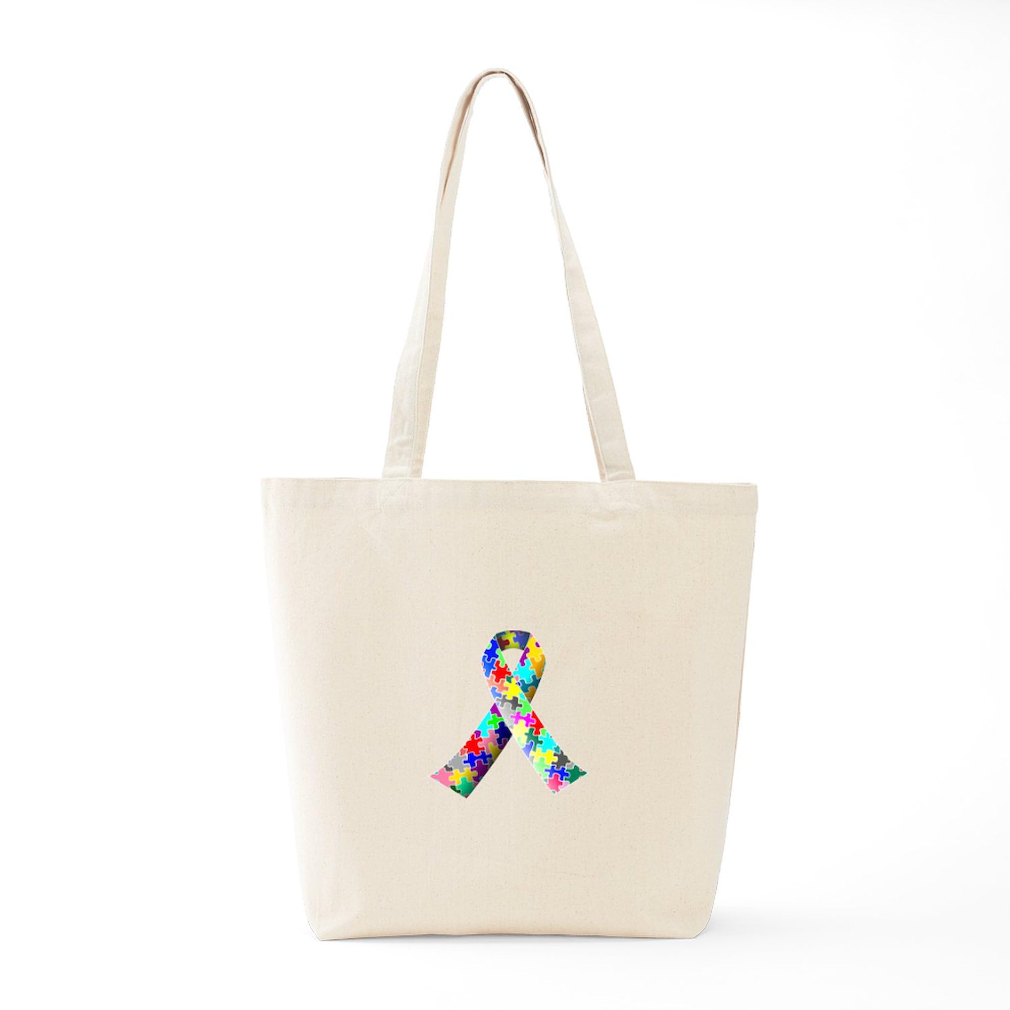 Autism Awareness Puzzle Ribbon Tote Bag - Natural Canvas Reusable Shopping Bag for Groceries, Beach & Daily Use | Support Autism Awareness