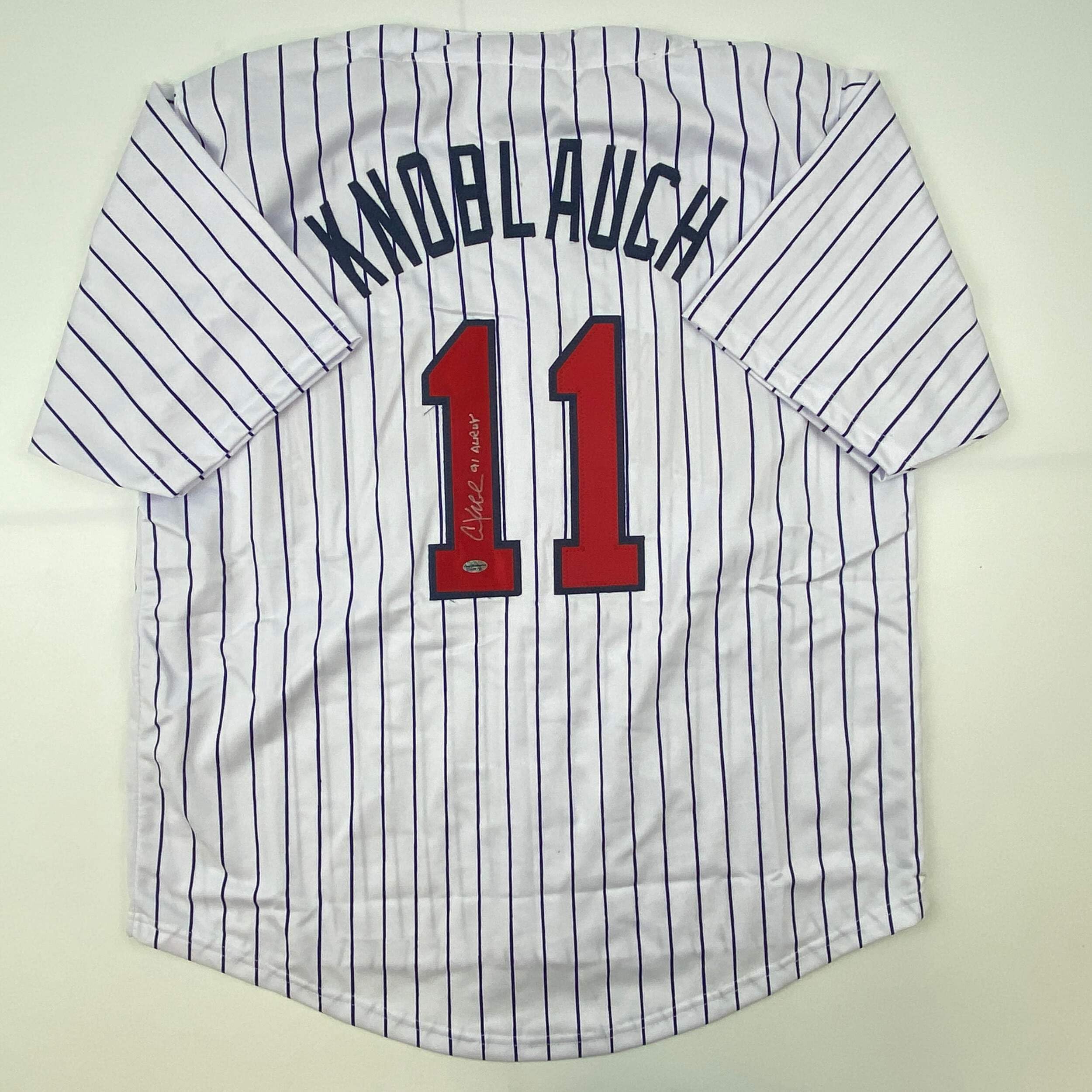 Authentic Autographed Chuck Knoblauch Minnesota Twins Pinstripe Baseball Jersey with Leaf COA - Perfect for Collectors, Sports Memorabilia Fans & Baseball Enthusiasts
